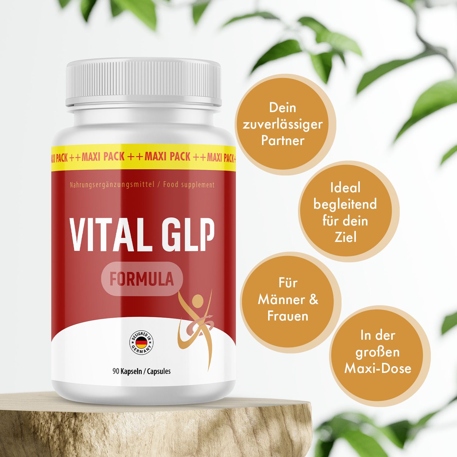 Weiße Flasche mit rotem Etikett. Aufschrift: VITAL GLP FORMULA. 90 Kapseln. Zusätzliche Kreise mit Text.