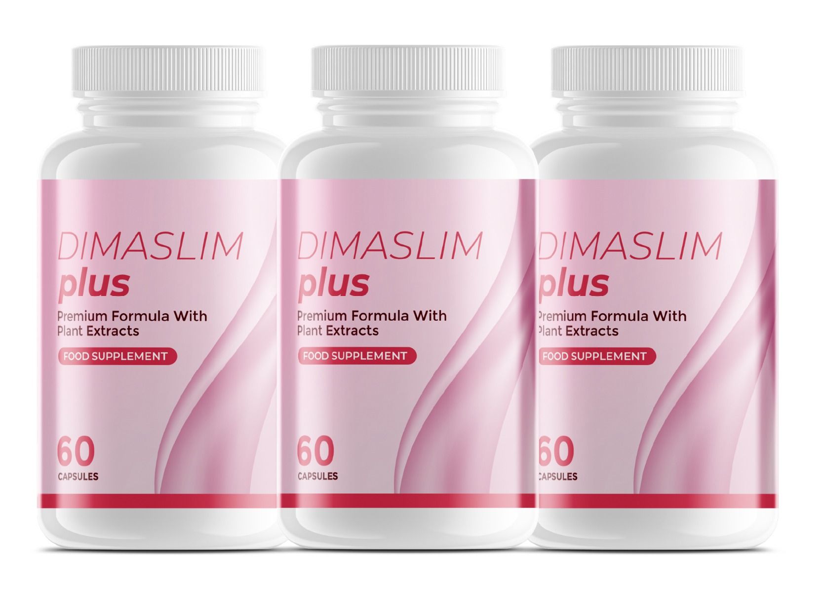 Drei weiße Flaschen mit rosa Etiketten. Aufschrift: DimaSlim plus, 60 Kapseln. Nahrungsergänzungsmittel.