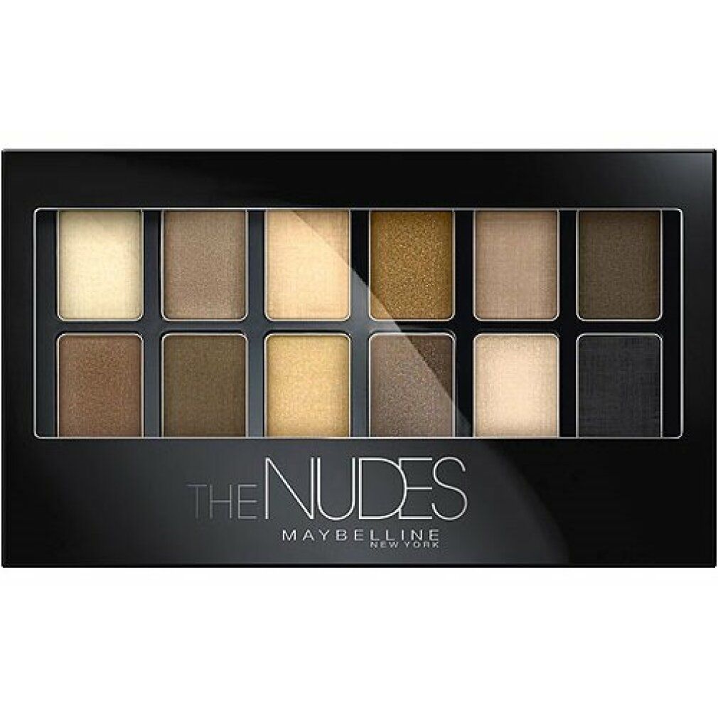 Lidschatten-Palette mit 12 Farbtönen. Schwarze Verpackung. Aufschrift: THE NUDES MAYBELLINE New York.