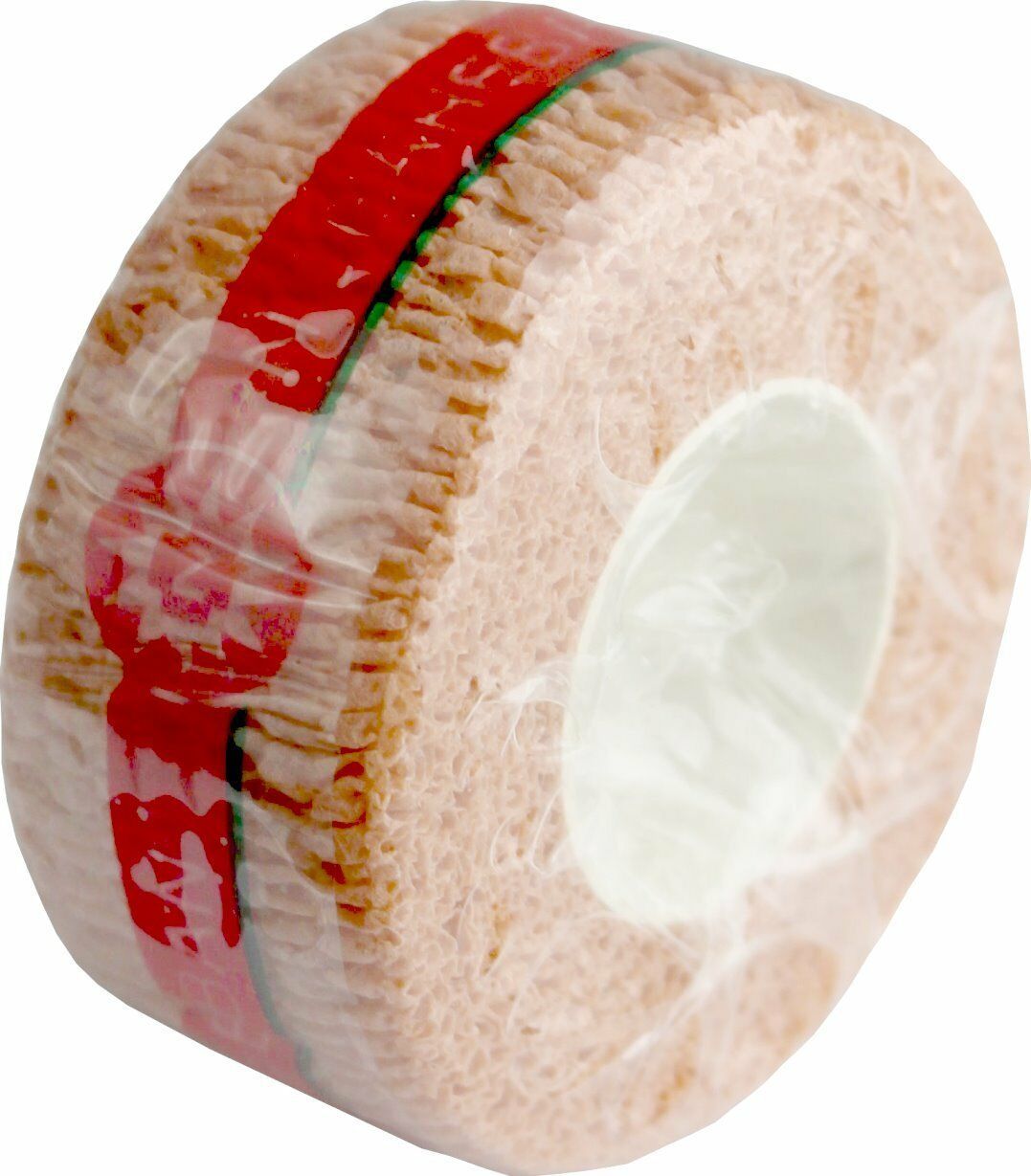 Kompressionsbinde, beige, in Folie verpackt. Roter Streifen mit Schriftzug. Rolle mit zentraler Öffnung.
