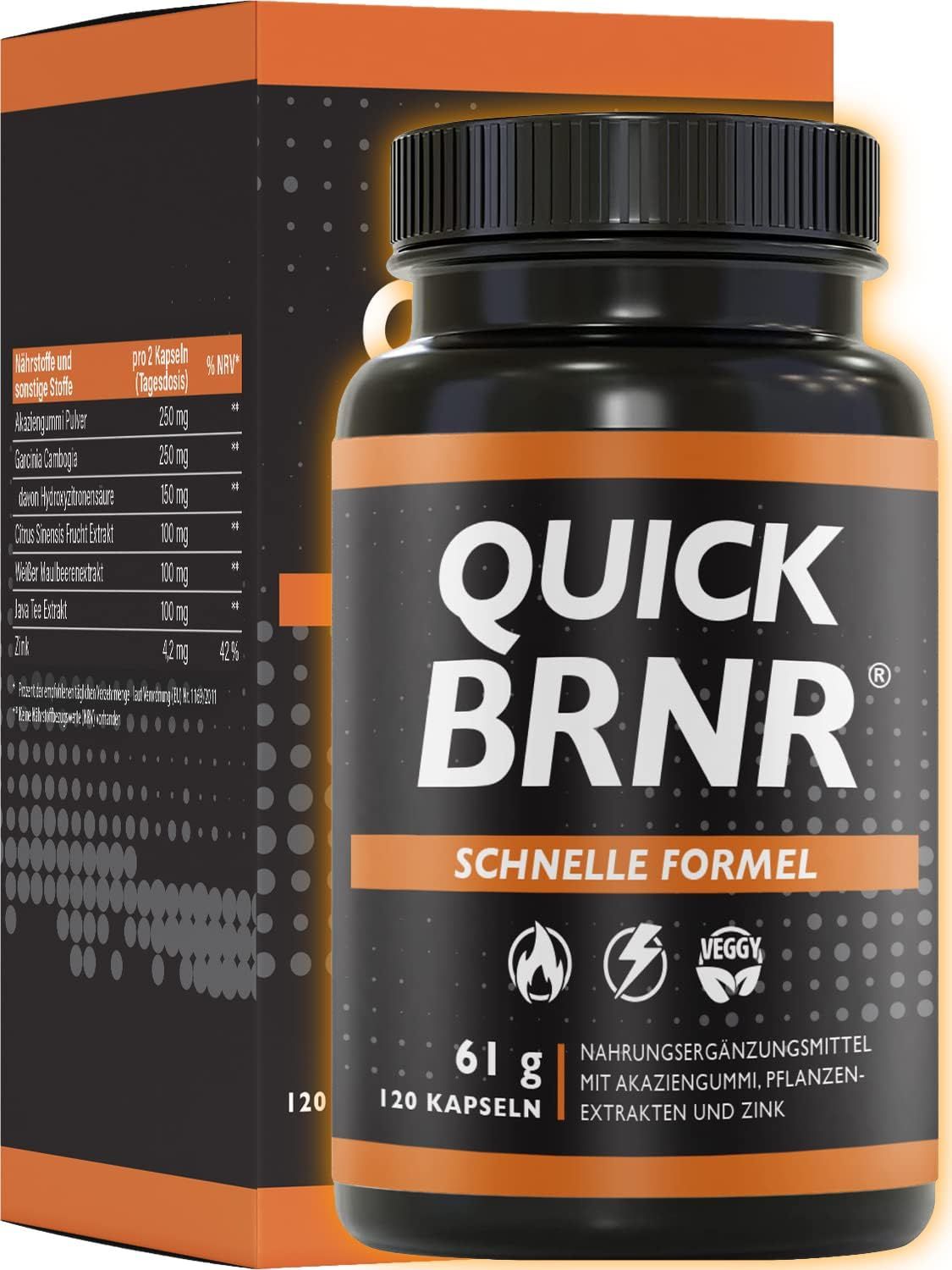 Schwarze Flasche mit orangefarbenem Etikett. Aufschrift: QUICK BRNR, Schnelle Formel. Enthält 120 Kapseln. Mit Akaziengummi, Pflanzenextrakten und Zink.