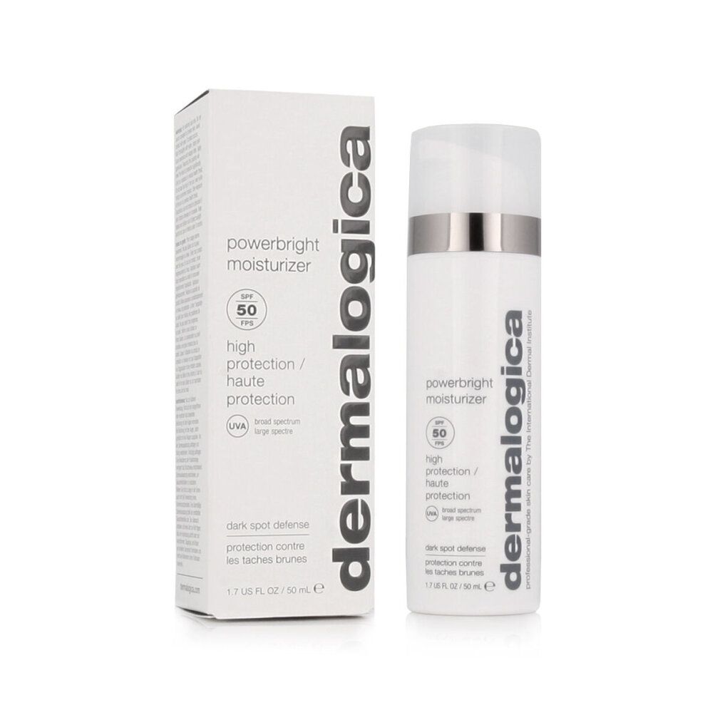 Weißes Serum und Schachtel. Text: Powerbright moisturizer, SPF 50, Dermalogica. High protection. Dark spot defense.