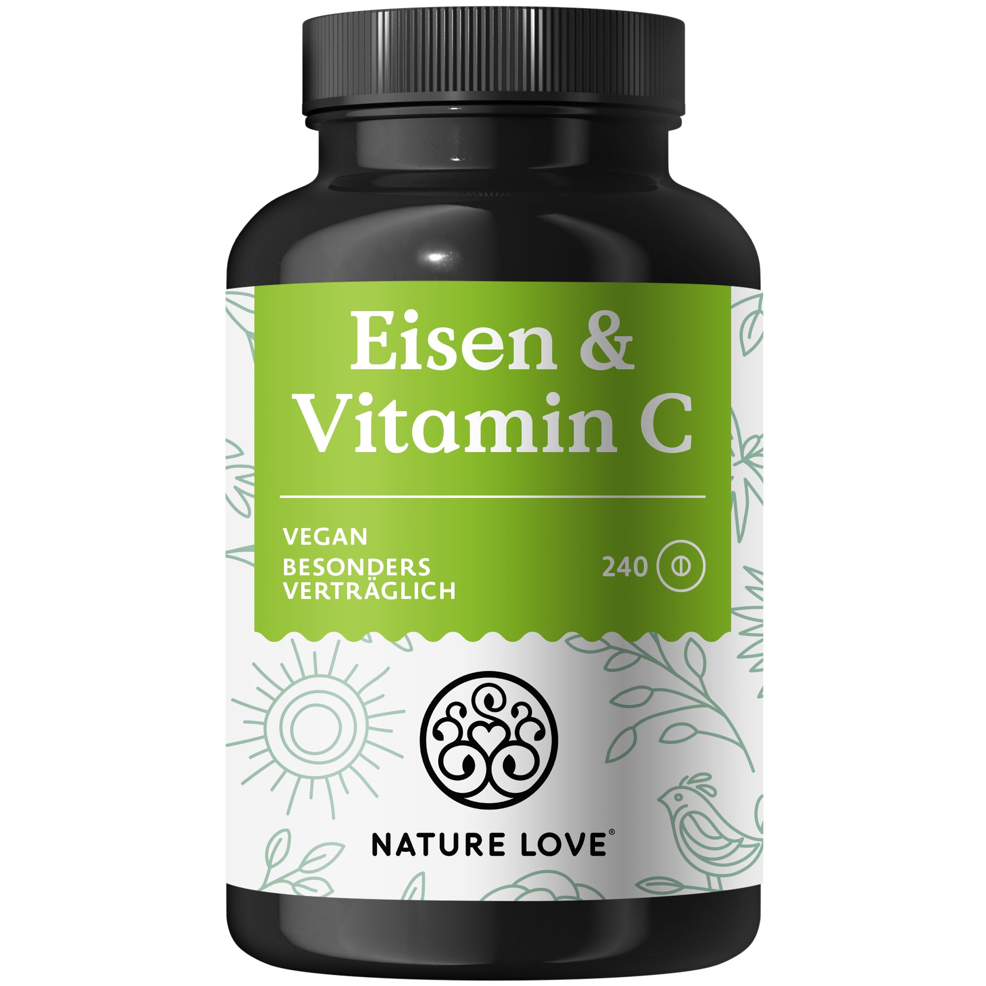 Braune Tablettenflasche mit grünem Etikett. Aufschrift: Eisen & Vitamin C. Vegan. 240 Tabletten. Siegel: NATURE LOVE®.
