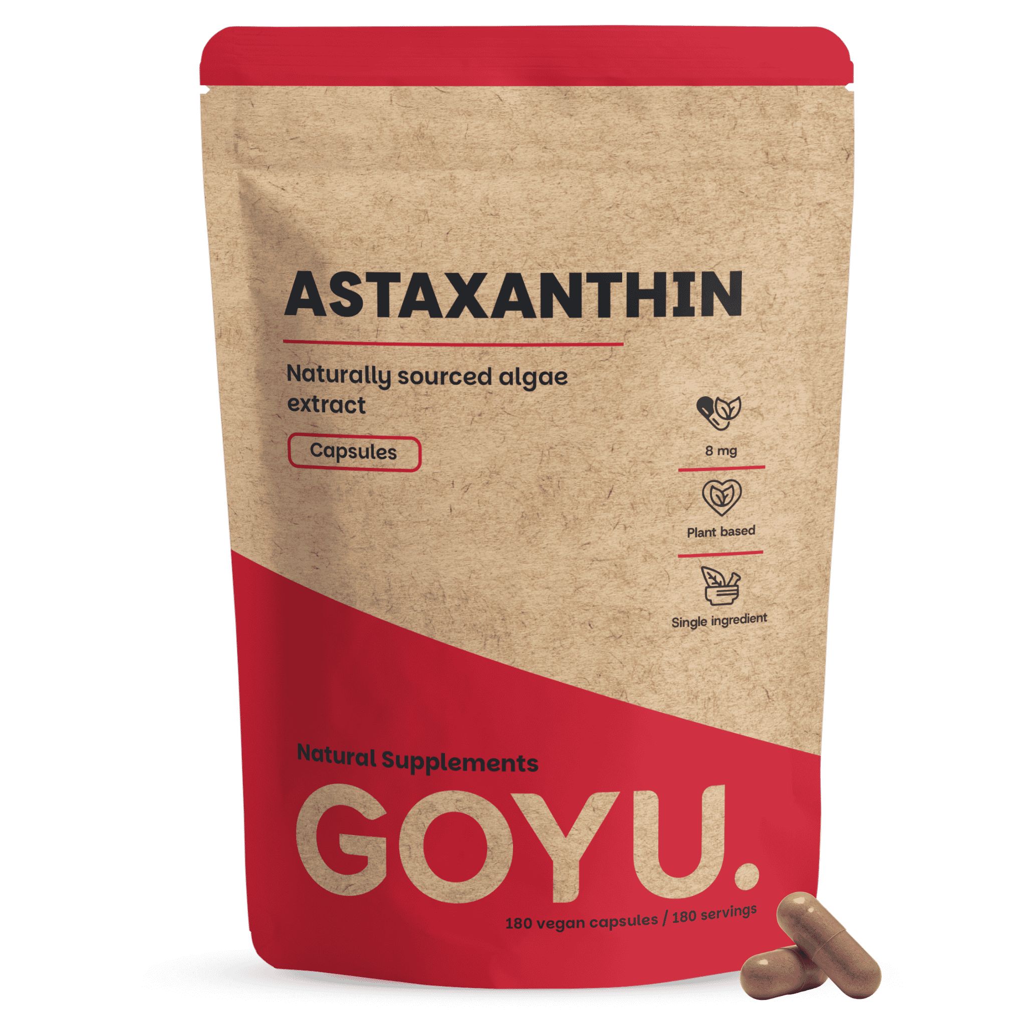 Braune Standbodenbeutel-Verpackung mit Astaxanthin-Kapseln, 8 mg, pflanzlich.