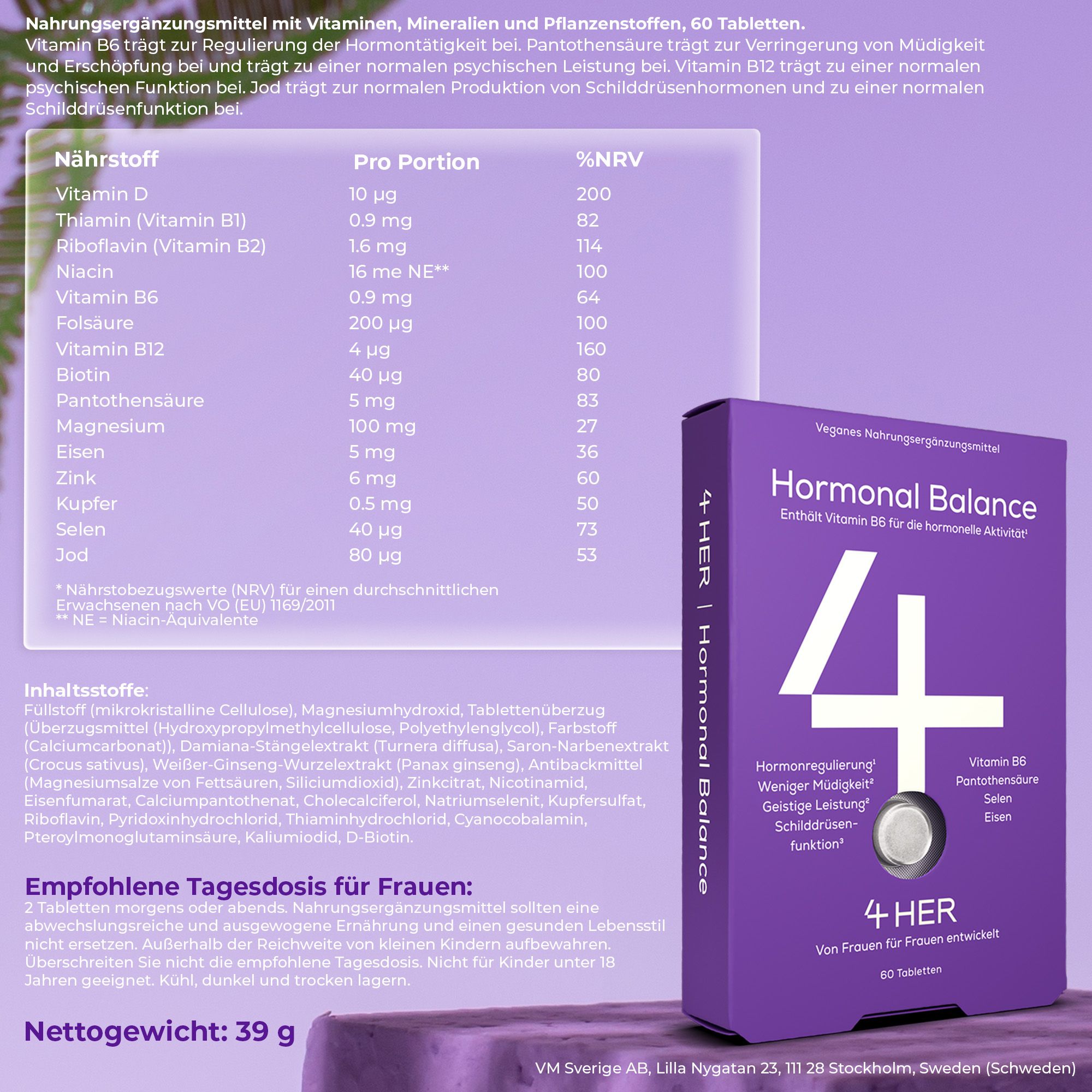 4HER Hormonal Balance - Hormon Balance Frauen - mit Vitamin B6, Selen & Eisen