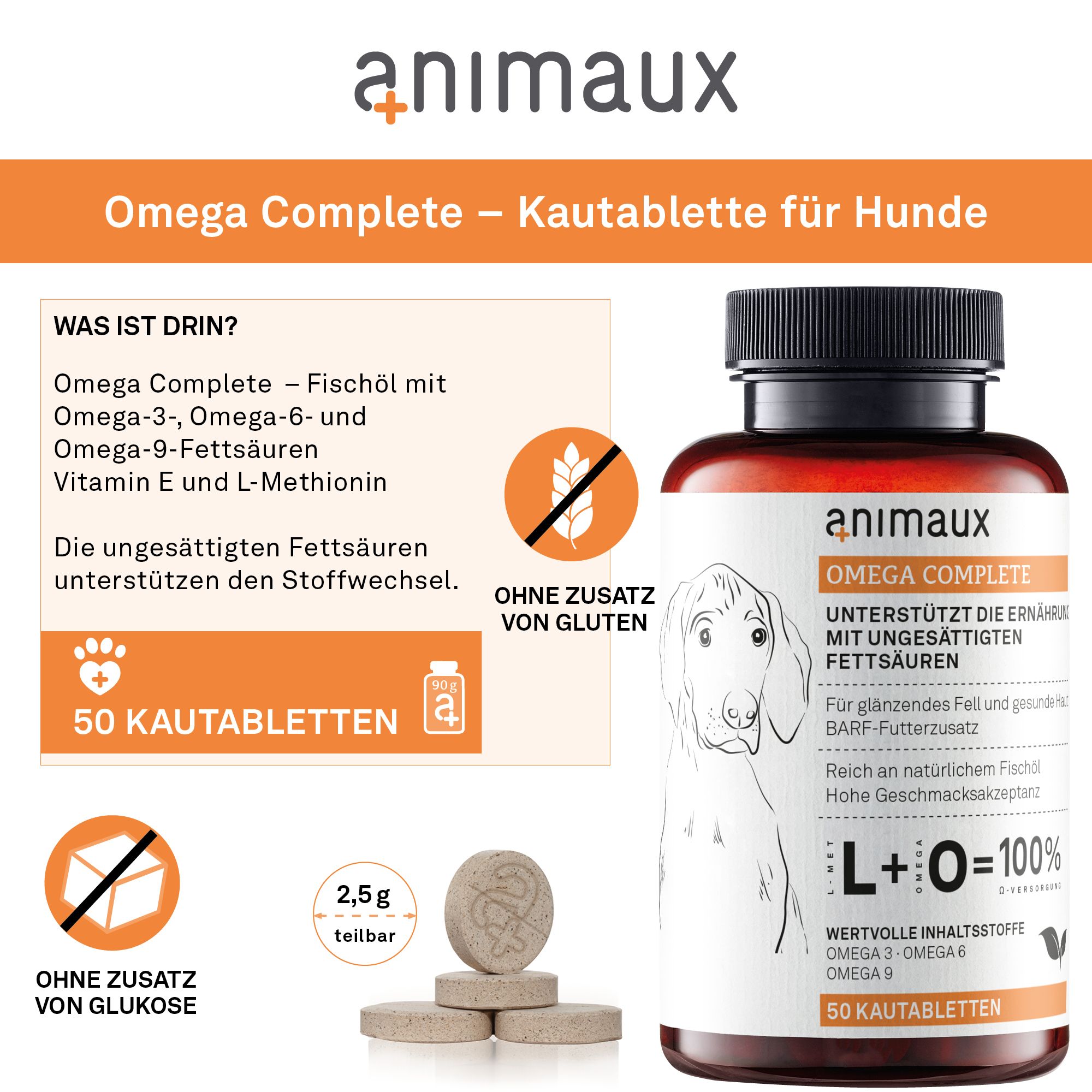 Animaux Omega Complete Kautabletten für Hunde, 50 Stück, mit Zutatenliste und Siegeln.