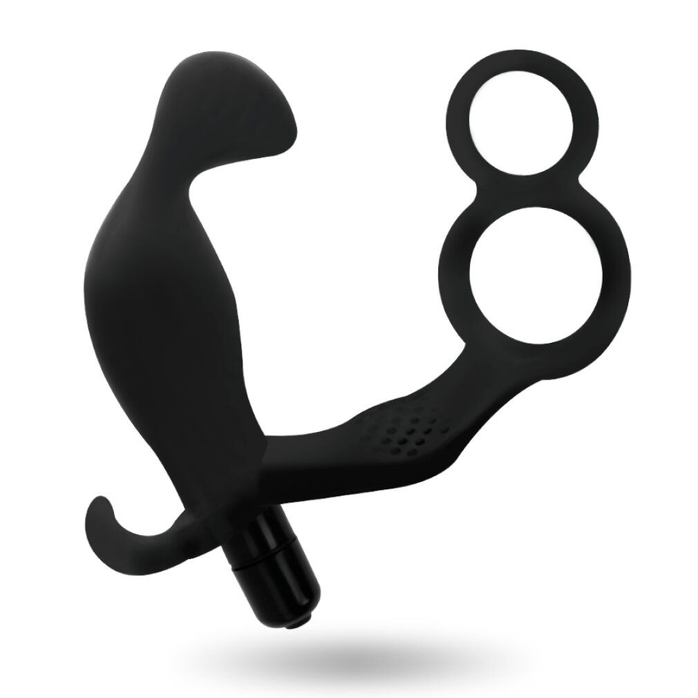 Schwarzes Analplug mit Doppelring für Penis und Hoden. Aus Silikon. Geformt mit zwei Ringen und einem gebogenen Schaft.