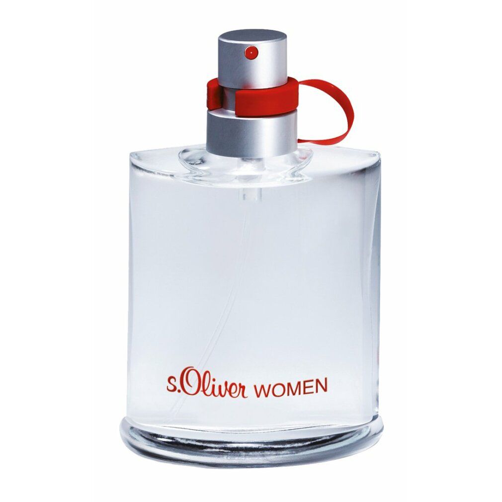 Klarer Glasflakon mit silbernem Sprühkopf und roter Schlaufe. Roter Schriftzug: s.Oliver WOMEN.