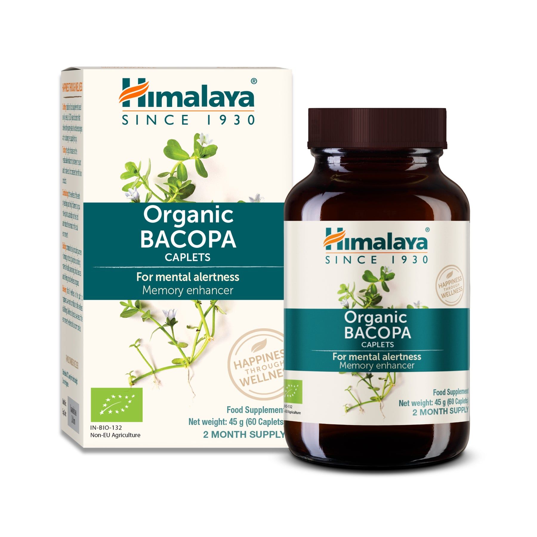 Braune Glasflasche und Karton mit Produktaufschrift. Aufschrift: Himalaya Organic BACOPA CAPLETS. Für geistige Wachheit und Gedächtnis.