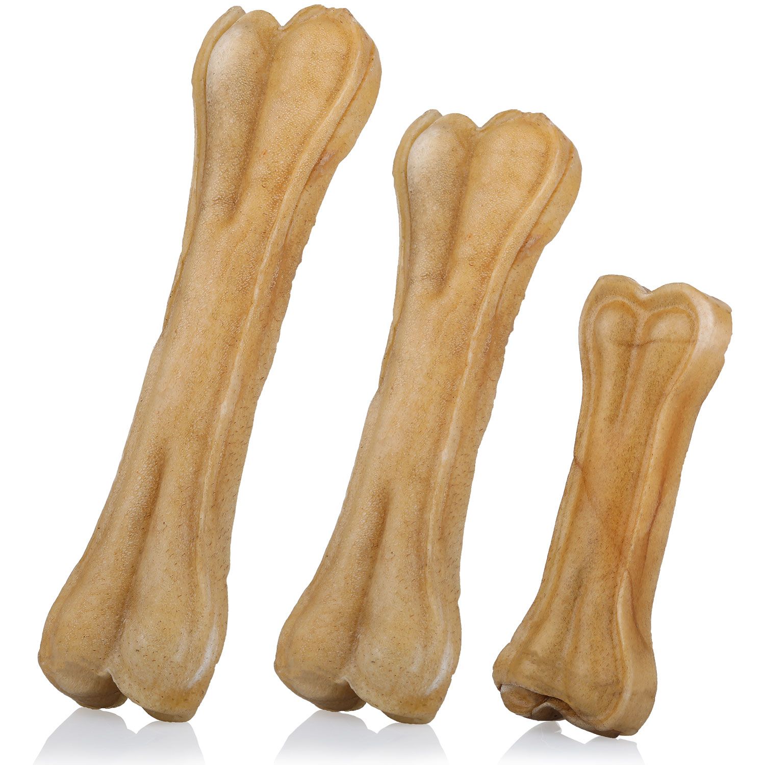 Drei Büffelhautknochen in verschiedenen Größen.