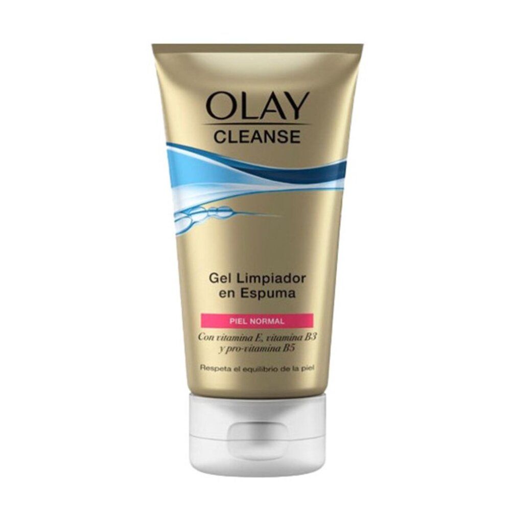 Goldfarbene Tube mit weißem Verschluss. Olay Cleanse Gel, spanische Aufschrift. Für normale Haut. Enthält Vitamin E, B3 und B5.