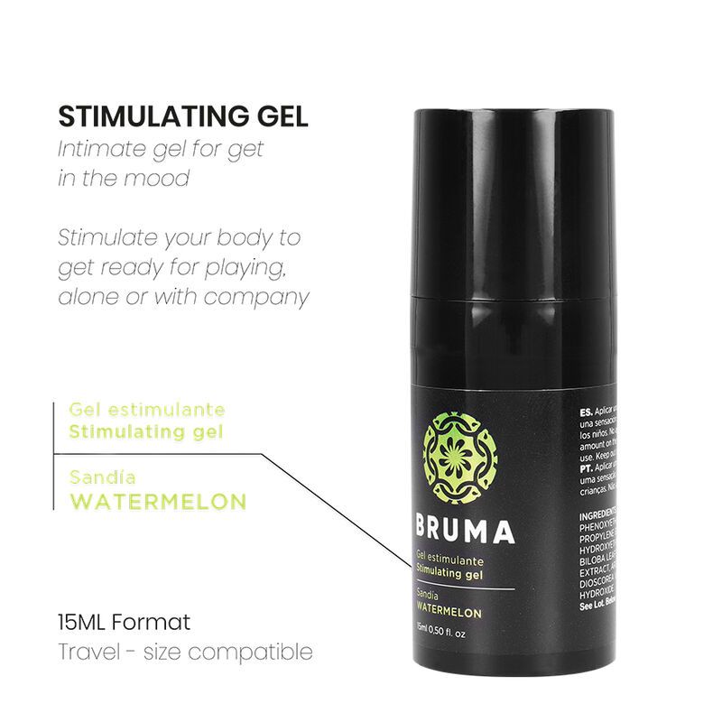 Schwarze Flasche mit Pumpe, "BRUMA" und "STIMULATING GEL" Aufschrift, 15ml.