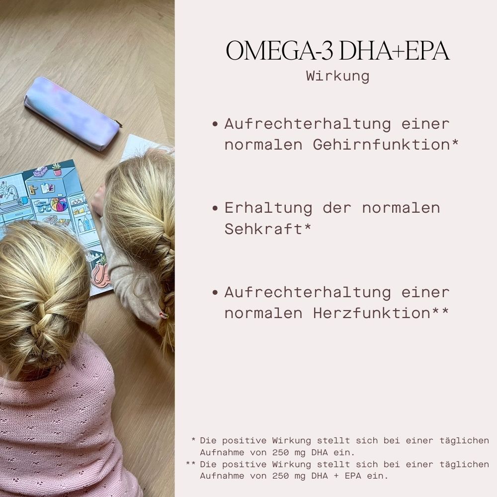 Text: Omega-3 DHA+EPA Wirkung. Aufrechterhaltung normaler Gehirn-, Seh- und Herzfunktion. Kinder im Hintergrund.