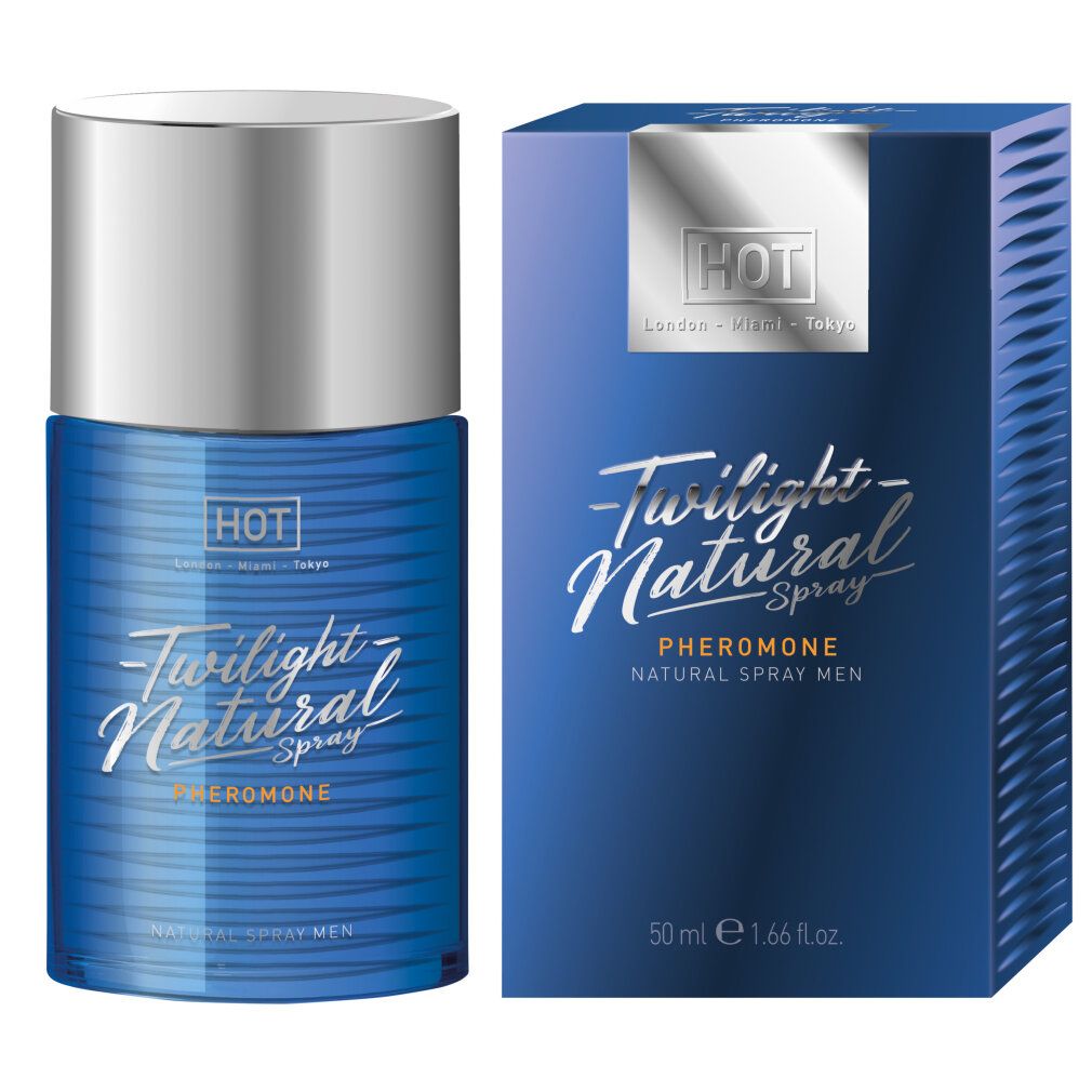 Blaues Flakon und Schachtel. Aufschrift: Twilight Natural Spray Pheromone. Marke: HOT. Silberner Deckel. 50 ml.