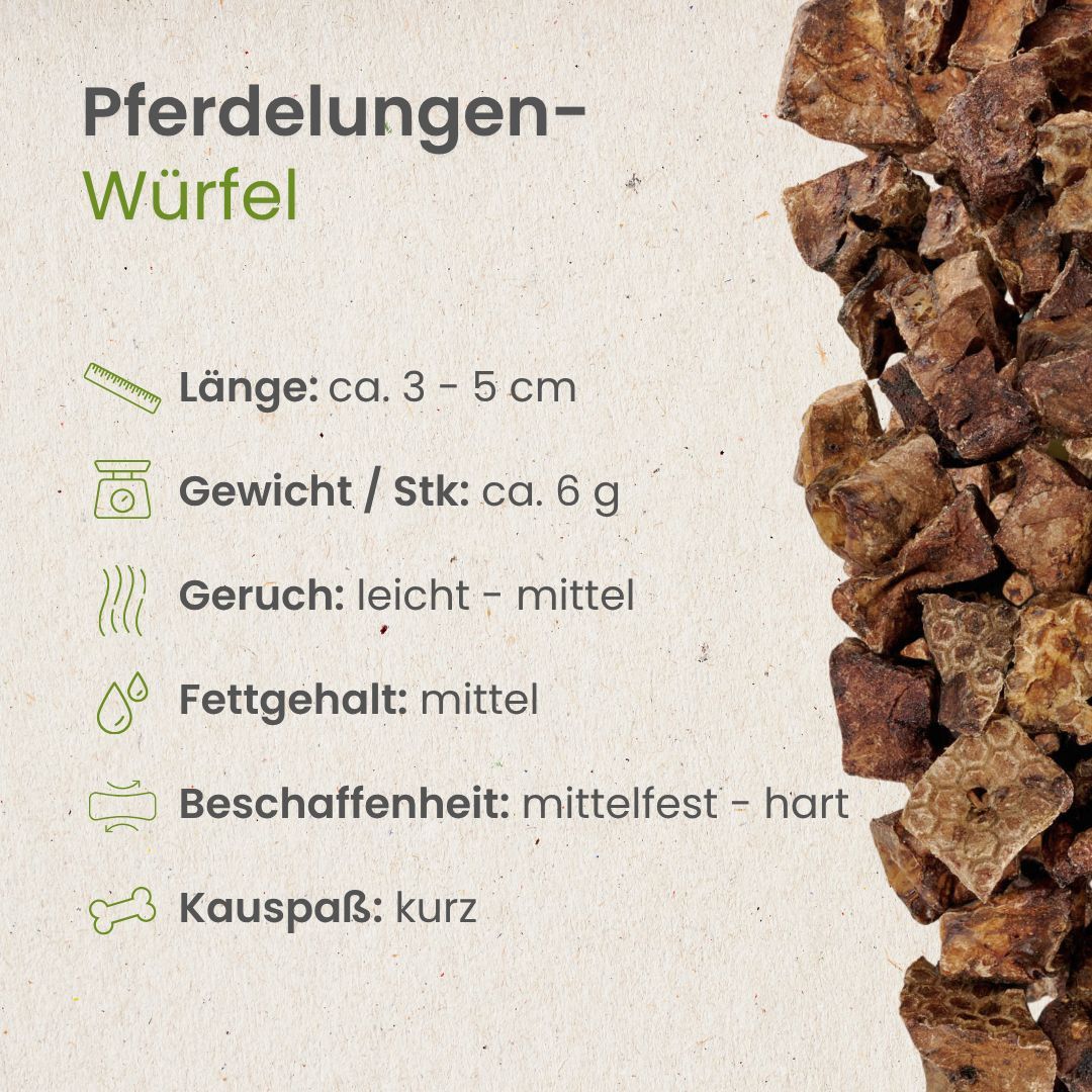 Pferdelungen-Würfel, ca. 3-5 cm lang, 6g pro Stück, leicht bis mittel riechend.