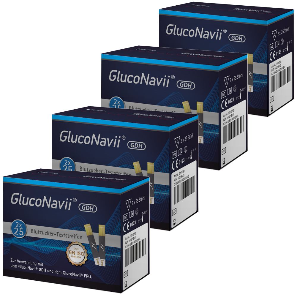 Vier Schachteln mit Blutzucker-Teststreifen. Auf jeder Schachtel steht "GlucoNavii" und "GDH". Die Packungen enthalten 2x25 Teststreifen.