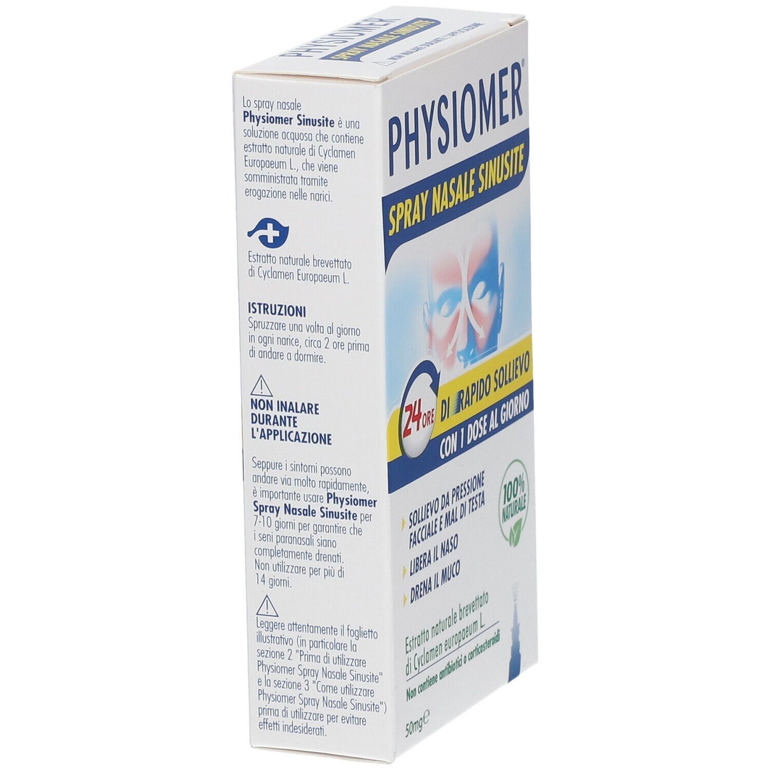 Confezione di PHYSIOMER Spray Nasale Sinusite. Contiene 50ml. Formula naturale al 100%. Sollievo rapido per 24 ore.