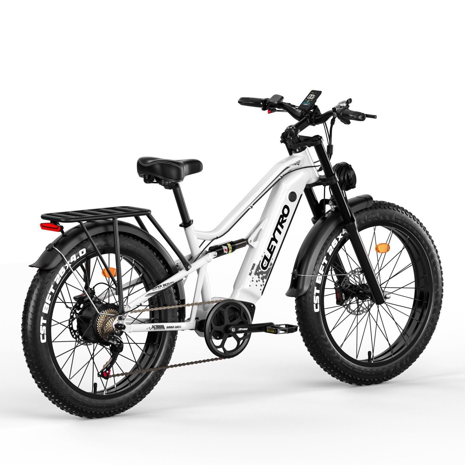 E-Mountainbike, weiß, mit Gepäckträger. Schwarze Reifen und Details. Marke Cleytro. Große Reifen, Federung.