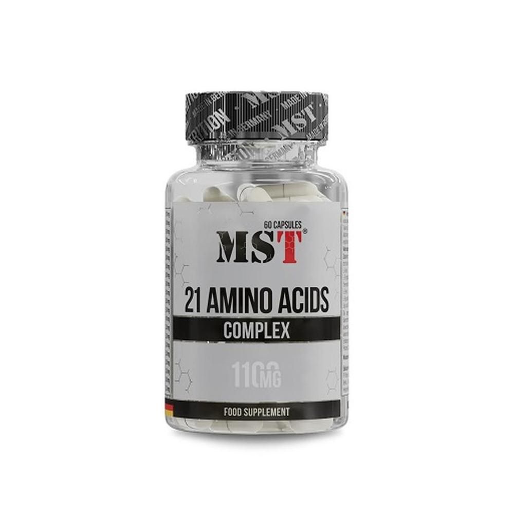 Klare Plastikflasche mit weißen Kapseln. Aufschrift: MST 21 Amino Acids Complex. Schwarzer Deckel mit MST-Logo. Aufkleber mit Nährwertangaben.