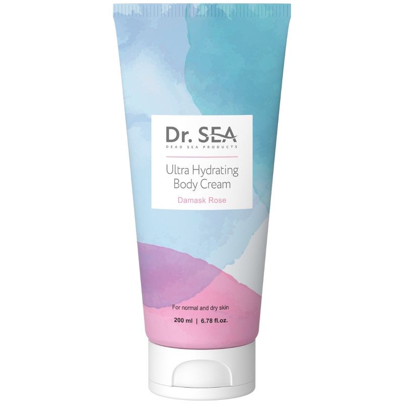 Tubo di crema con tappo bianco. Scritta: Dr. SEA, Ultra Hydrating Body Cream, Damask Rose. Per pelli normali e secche.