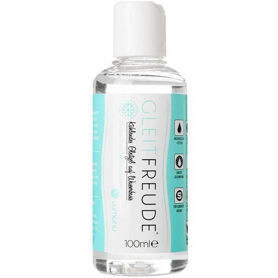Klare Flüssigkeit in einer Flasche mit weißem Deckel. Aufschrift: Gleitfreude, kühlendes Gleitgel auf Wasserbasis. 100ml.