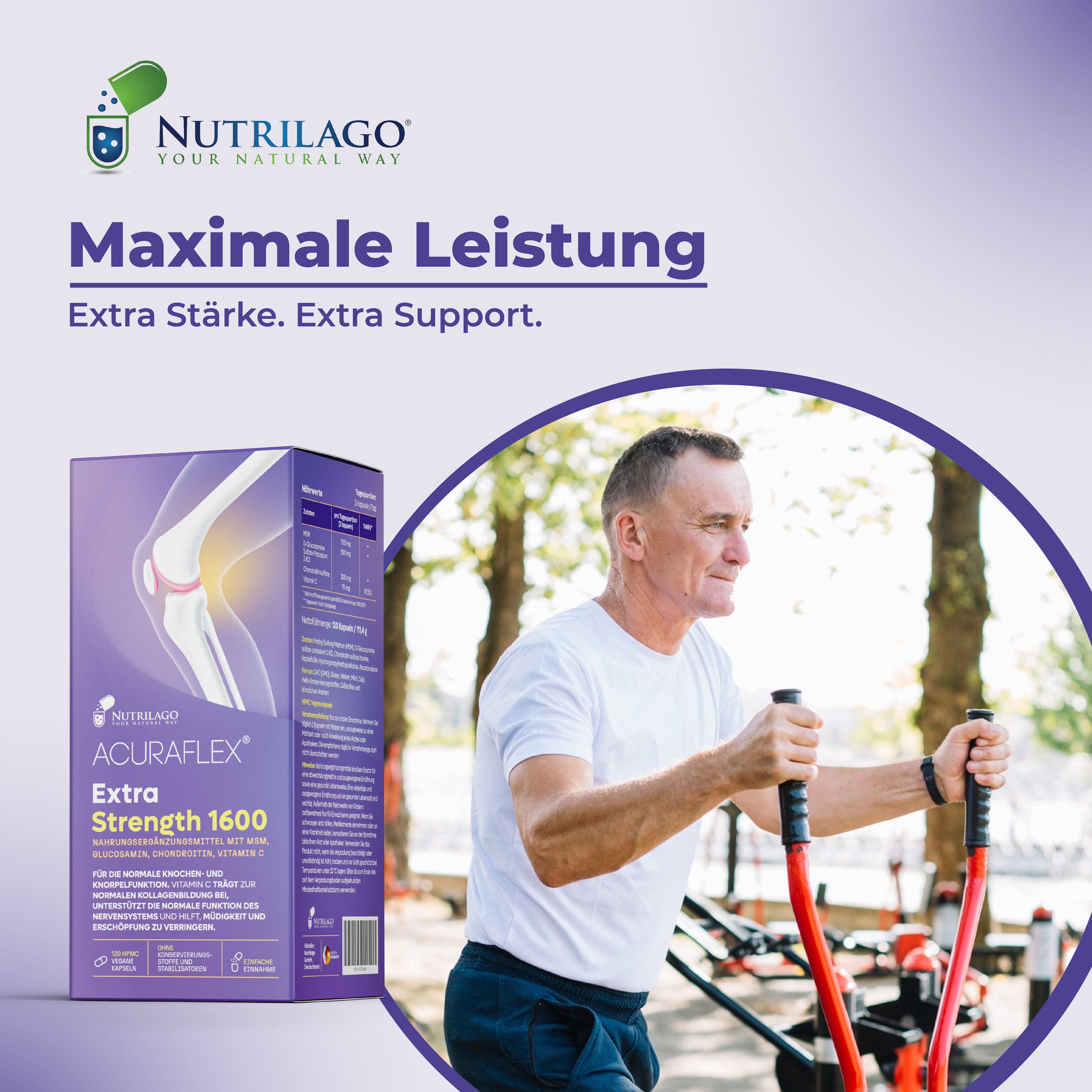 Mann trainiert im Freien. Neben ihm steht eine ACURAFLEX Extra Strength 1600 Packung. Text: Maximale Leistung. Extra Stärke. Extra Support.