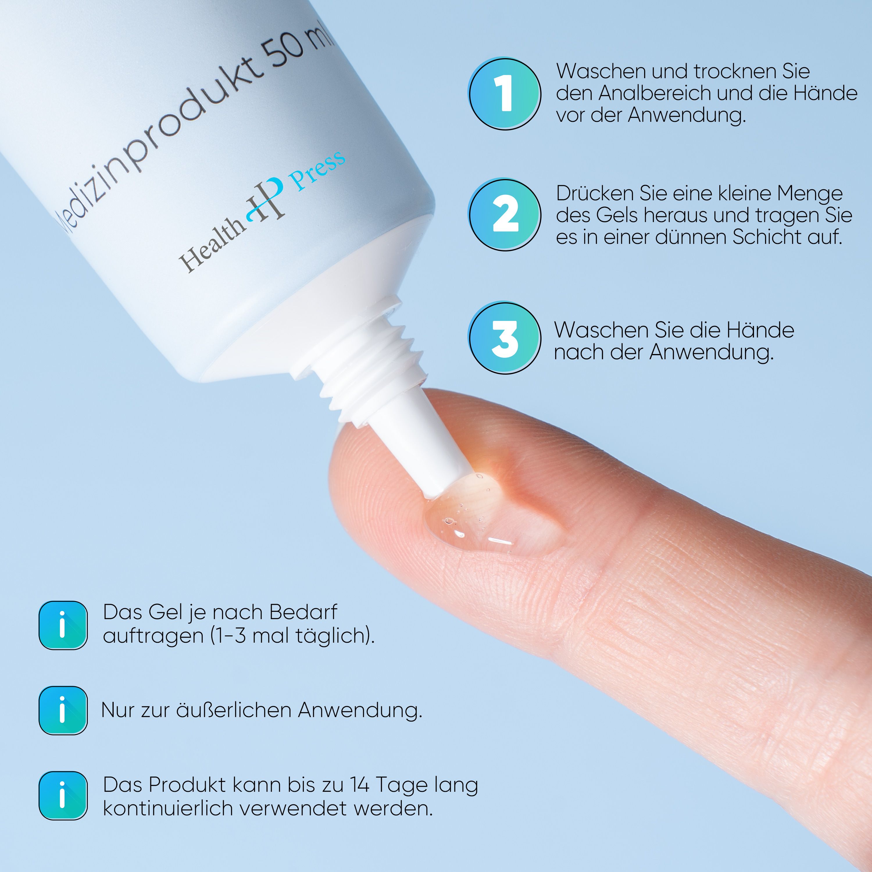 Health Press® Hämorrhoiden Gel, Tube. Gel wird auf Finger aufgetragen. Text: Anwendungshinweise. Nur zur äußerlichen Anwendung.