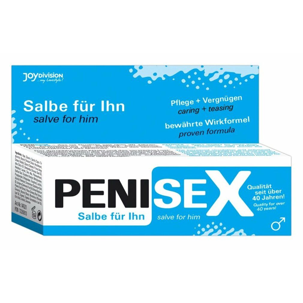 Penisex Salbe Verpackung. Weiß-blaue Schachtel mit Produktnamen und Text. Enthält Logo und Produktinformationen.