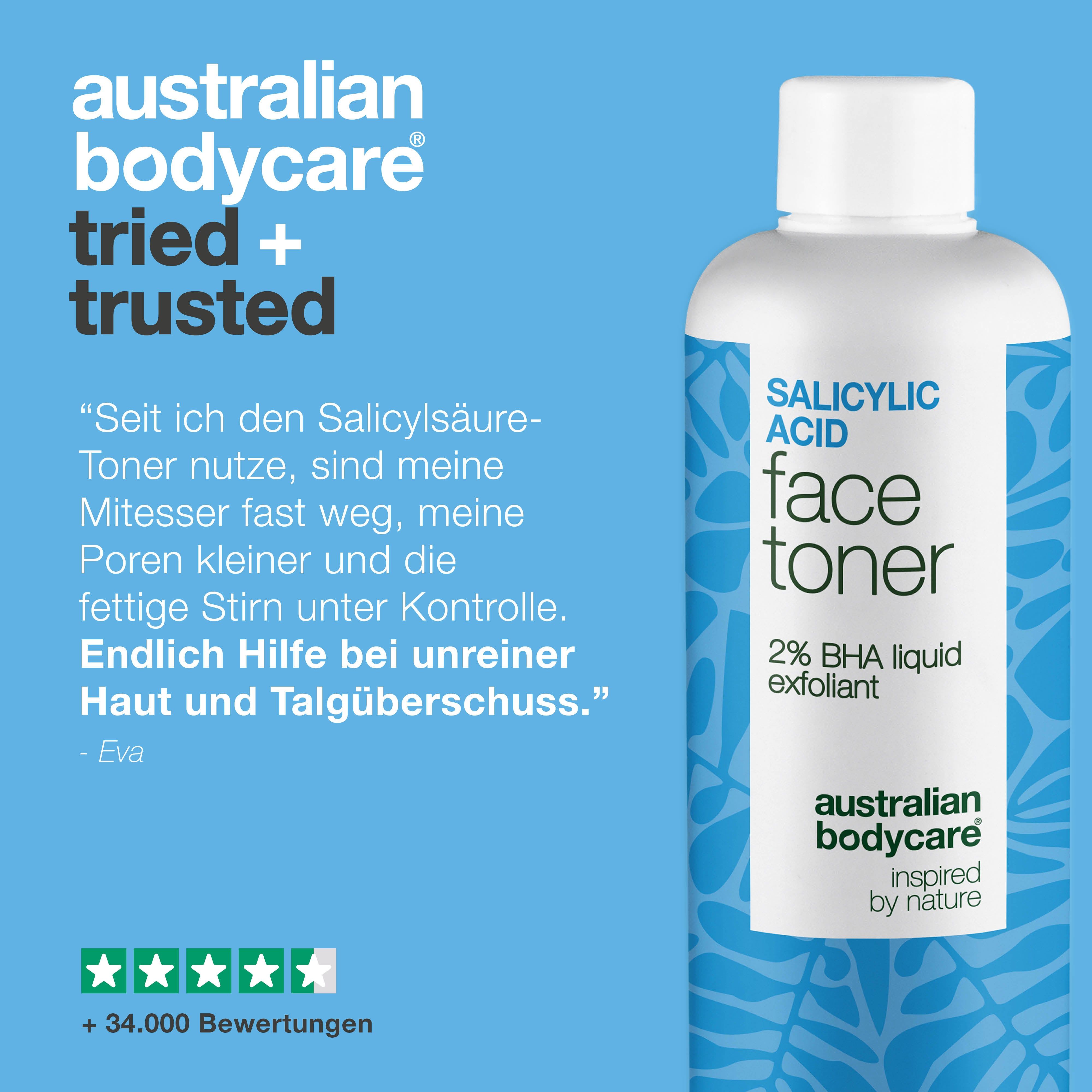 Flasche: Salicylsäure Face Toner, 2% BHA liquid exfoliant. Marke: Australian Bodycare. Text: Getestet und von Dermatologen bestätigt.
