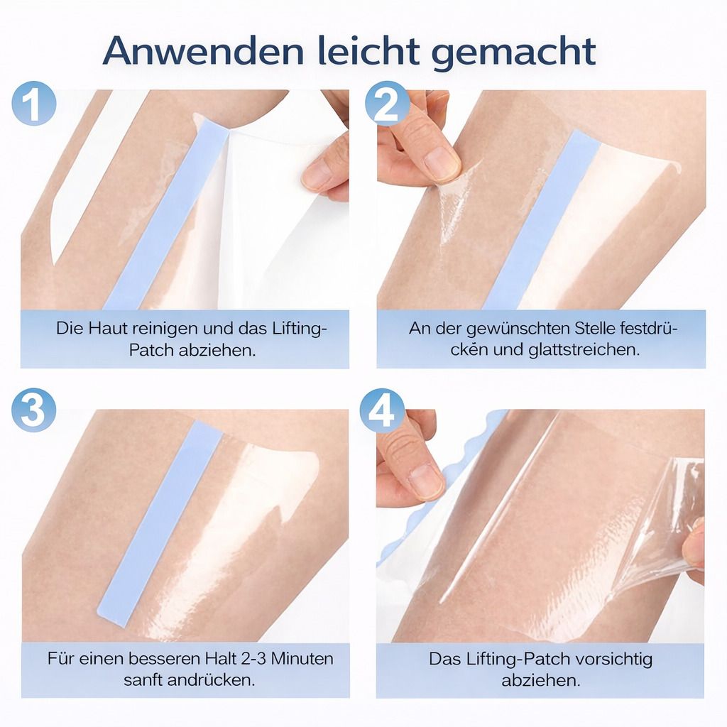 Anleitung: 4 Schritte zur Anwendung. Haut reinigen, Pflaster abziehen, andrücken, abziehen. Text: Anwenden leicht gemacht.