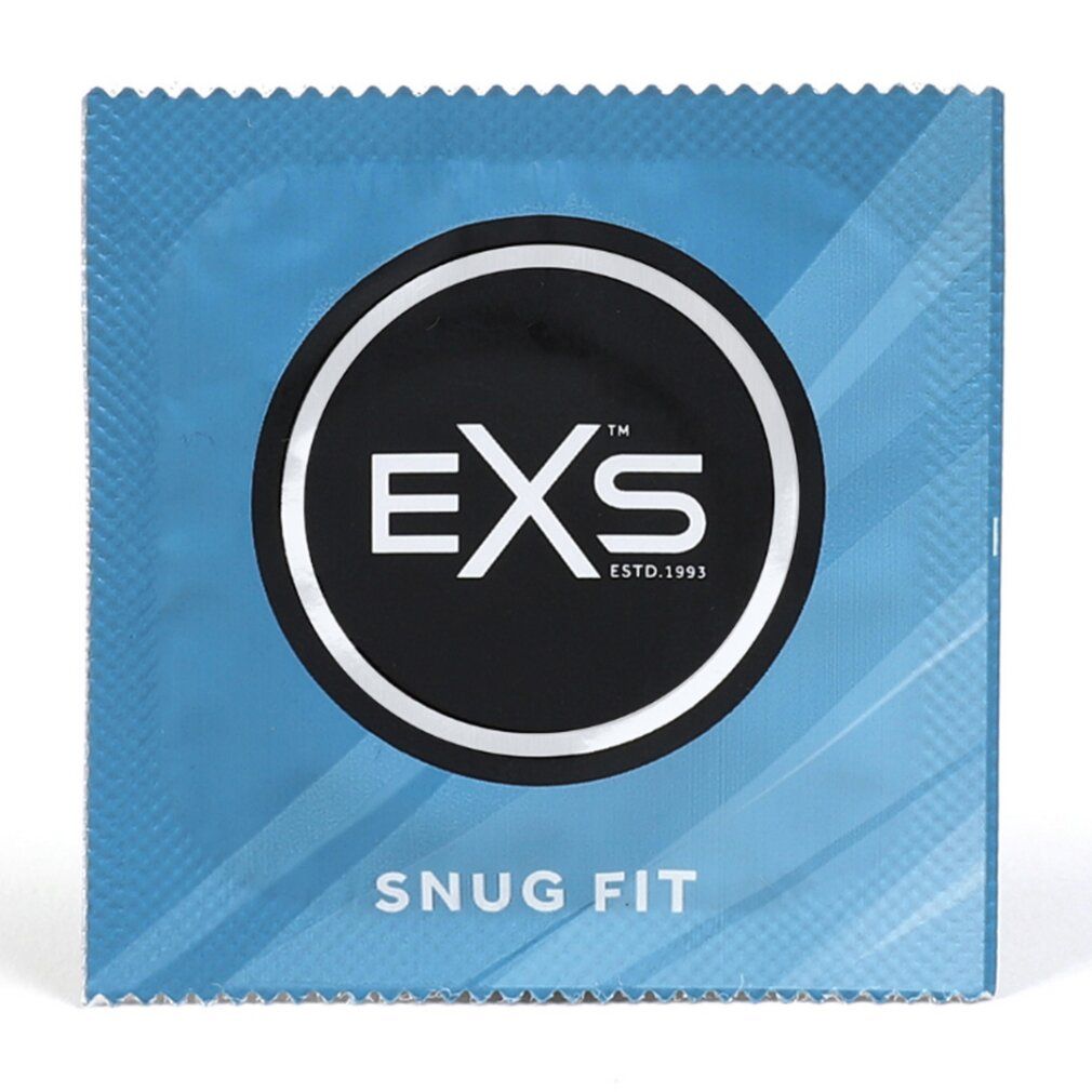 Einzelverpackung eines blauen EXS Snug Fit Kondoms.