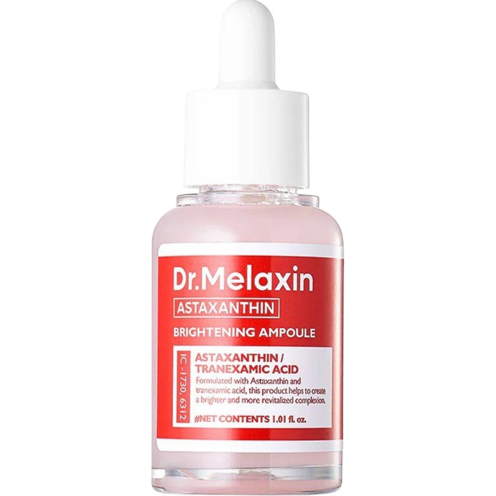 Klare Glasflasche mit weißem Deckel und rotem Etikett. Text: Dr. Melaxin, Astaxanthin, Brightening Ampoule. Tropfer.