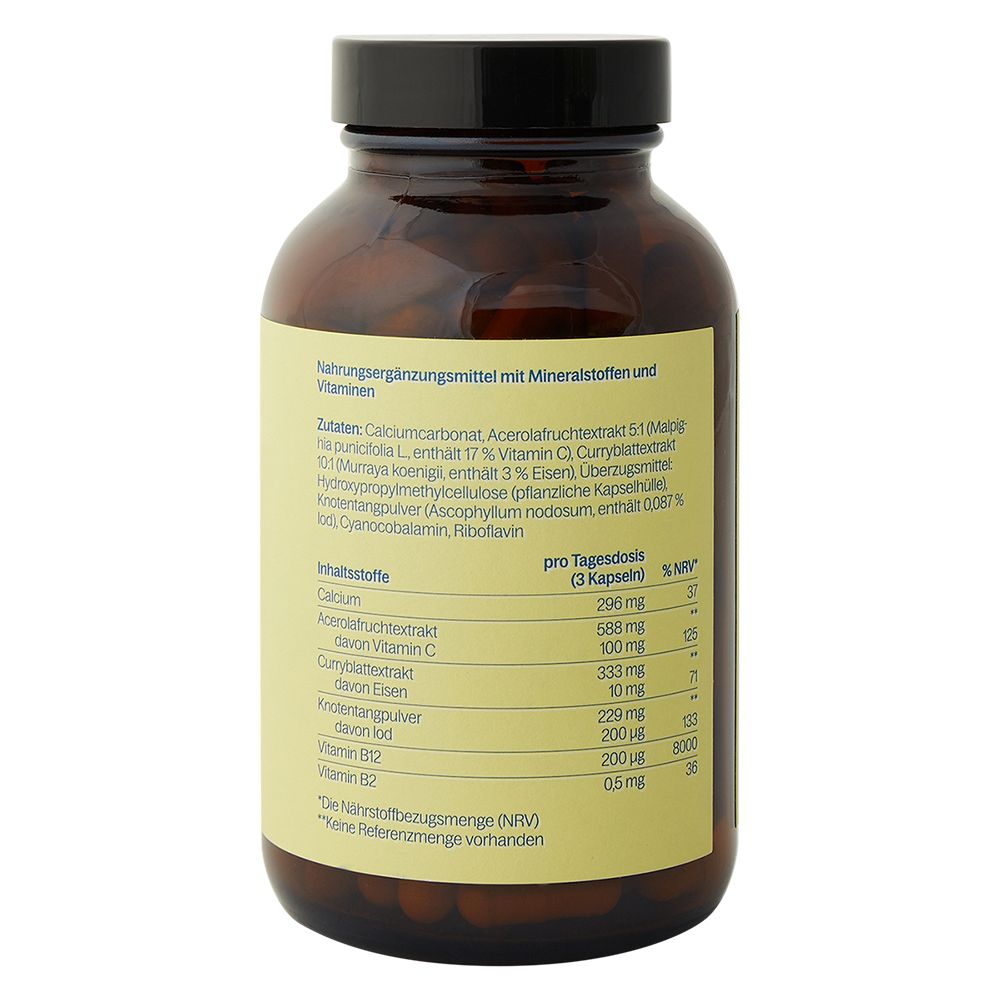 Braune Glasflasche mit gelbem Etikett. Auf dem Etikett stehen Nährwertangaben und Inhaltsstoffe. Enthält Mineralstoffe und Vitamine.
