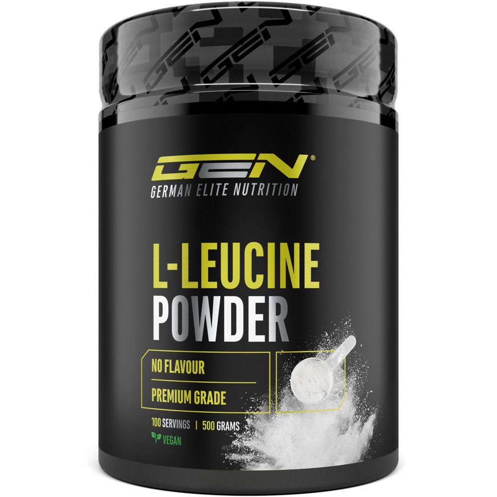 Schwarze Dose mit GEN L-Leucin Pulver. Aufschrift: L-Leucin Powder, No Flavour, Premium Grade. Enthält Messlöffel.