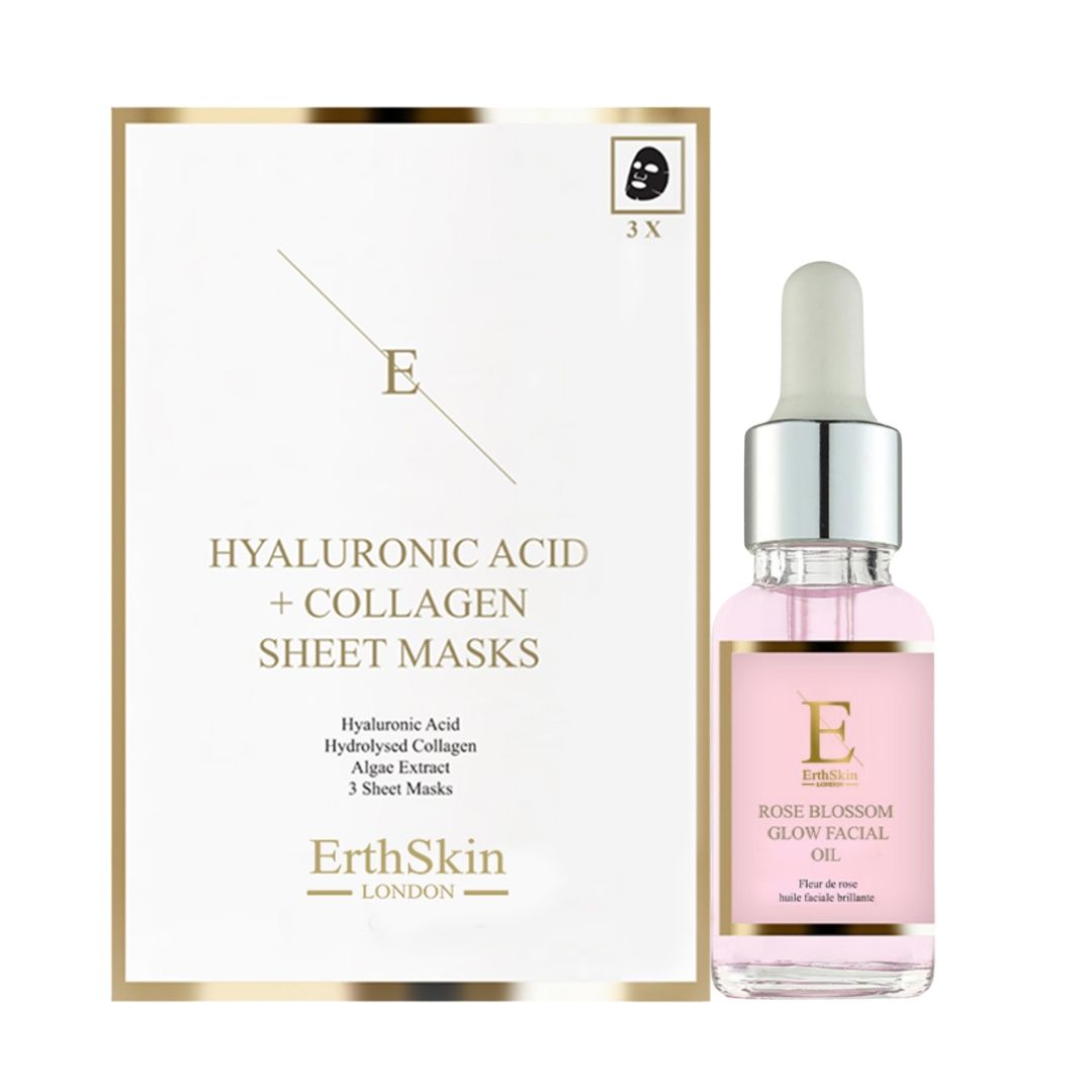 ErthSkin London Olio per il viso alla rosa + maschera in fogli di collagene