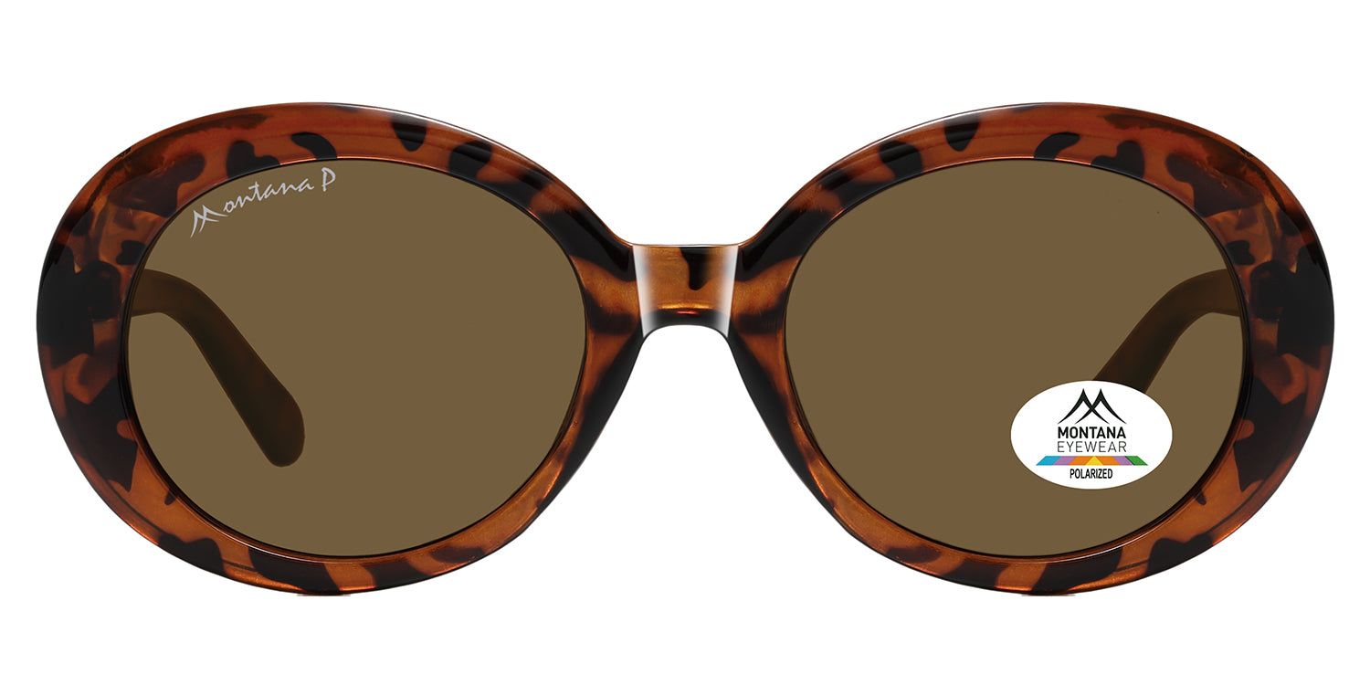 Sonnenbrille mit braunen Gläsern und braunem, gemustertem Rahmen. Montana Eyewear Logo und Polarized-Aufkleber.