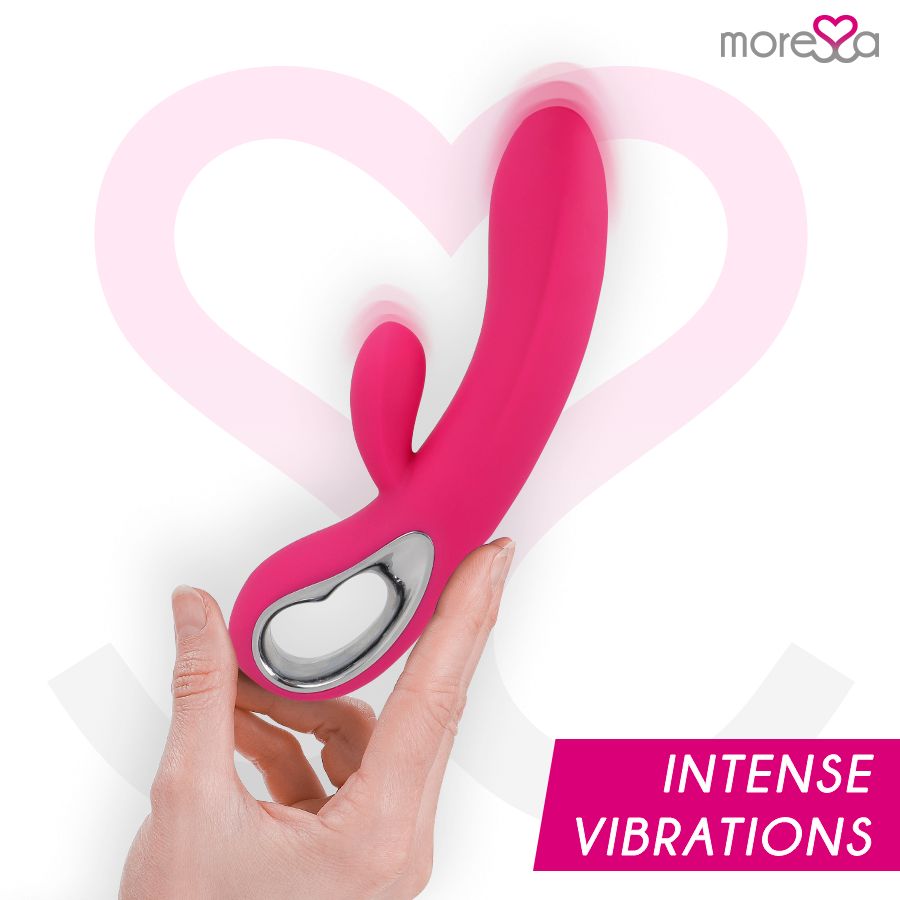 Pinkfarbener Silikon-Vibrator, gehalten von einer Hand. Text: Intense Vibrations. Herz-Grafik.