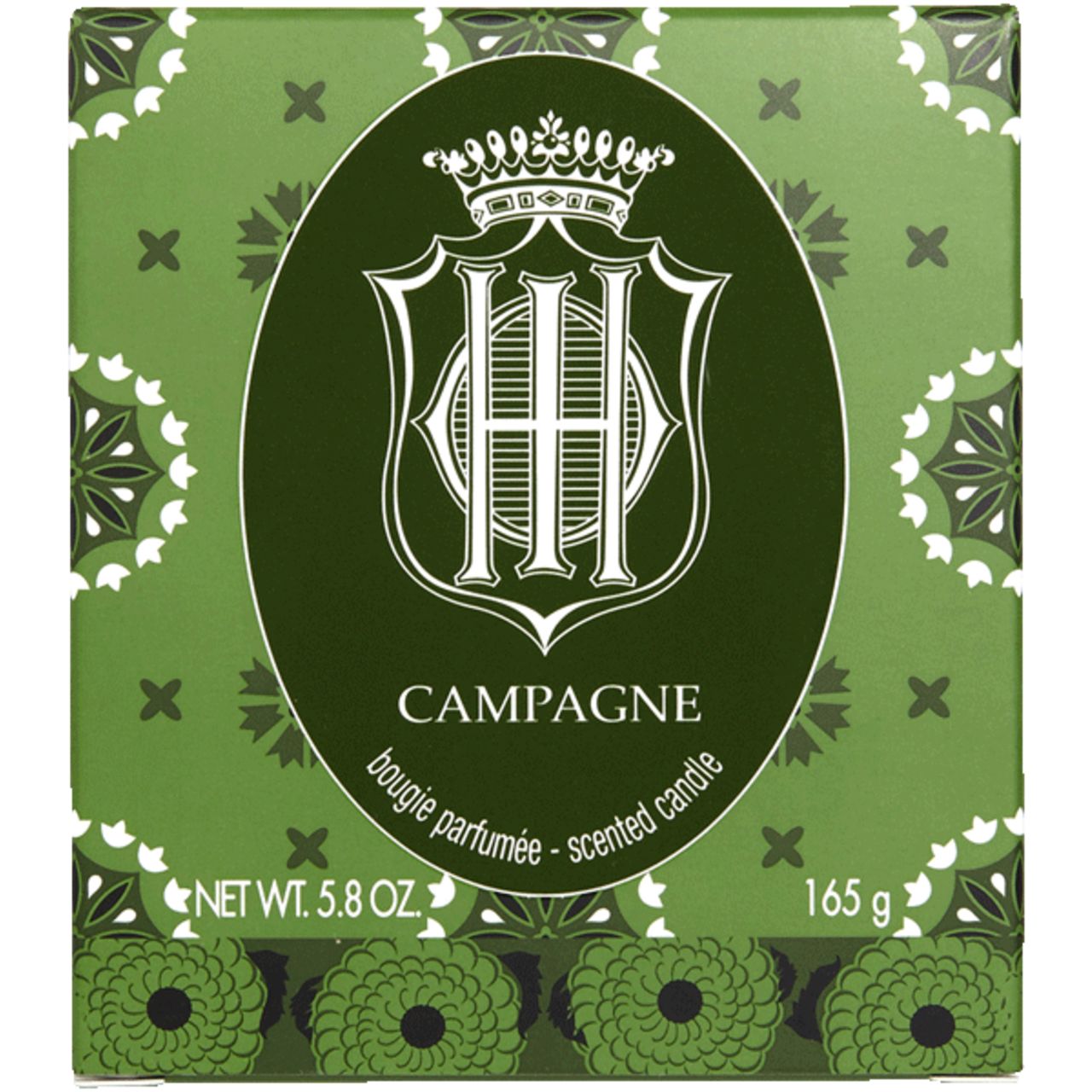 Grüne Schachtel mit floralem Muster und ovalem Logo. Text: CAMPAGNE, bougie parfumée, scented candle. Nettogewicht: 5.8 OZ, 165 g.