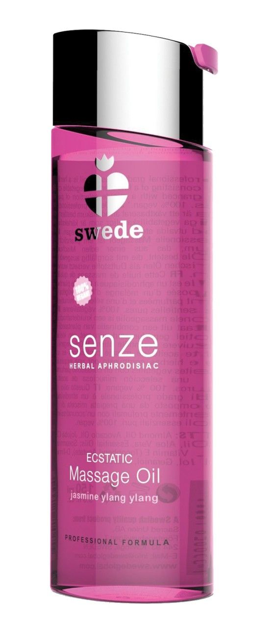 Swede Senze Massageöl: Rosa Flasche mit silbernem Verschluss. Enthält 'Ecstatic Massage Oil' und 'Jasmine Ylang Ylang'.