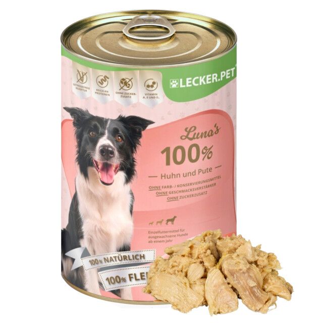 Hundefutterdose mit Produktbild und Text. Daneben Futterstücke. Aufschrift: Luna's 100% Huhn und Pute, ohne Zuckerzusatz.