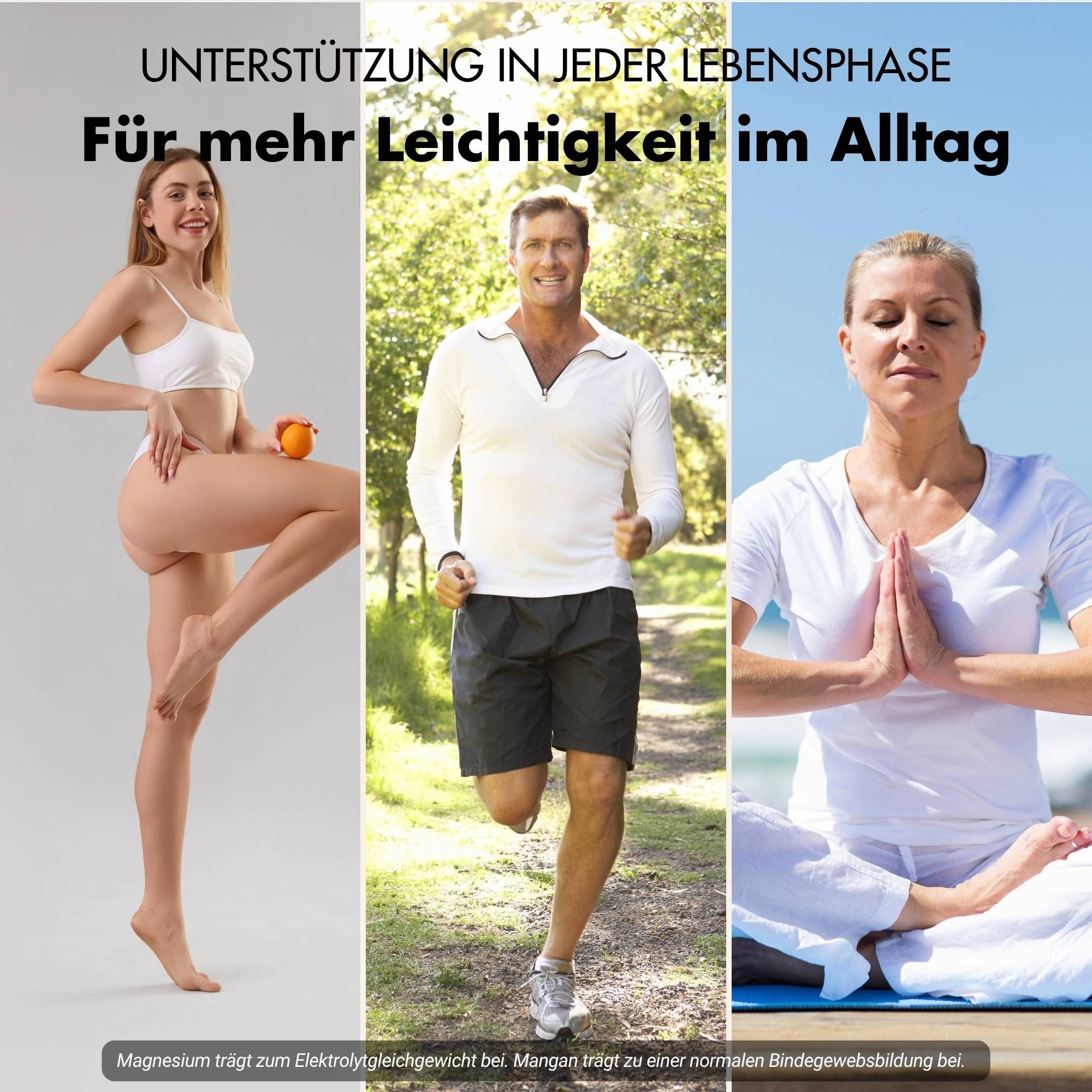 Drei Personen in verschiedenen Posen. Text: Unterstützung in jeder Lebensphase. Für mehr Leichtigkeit im Alltag.