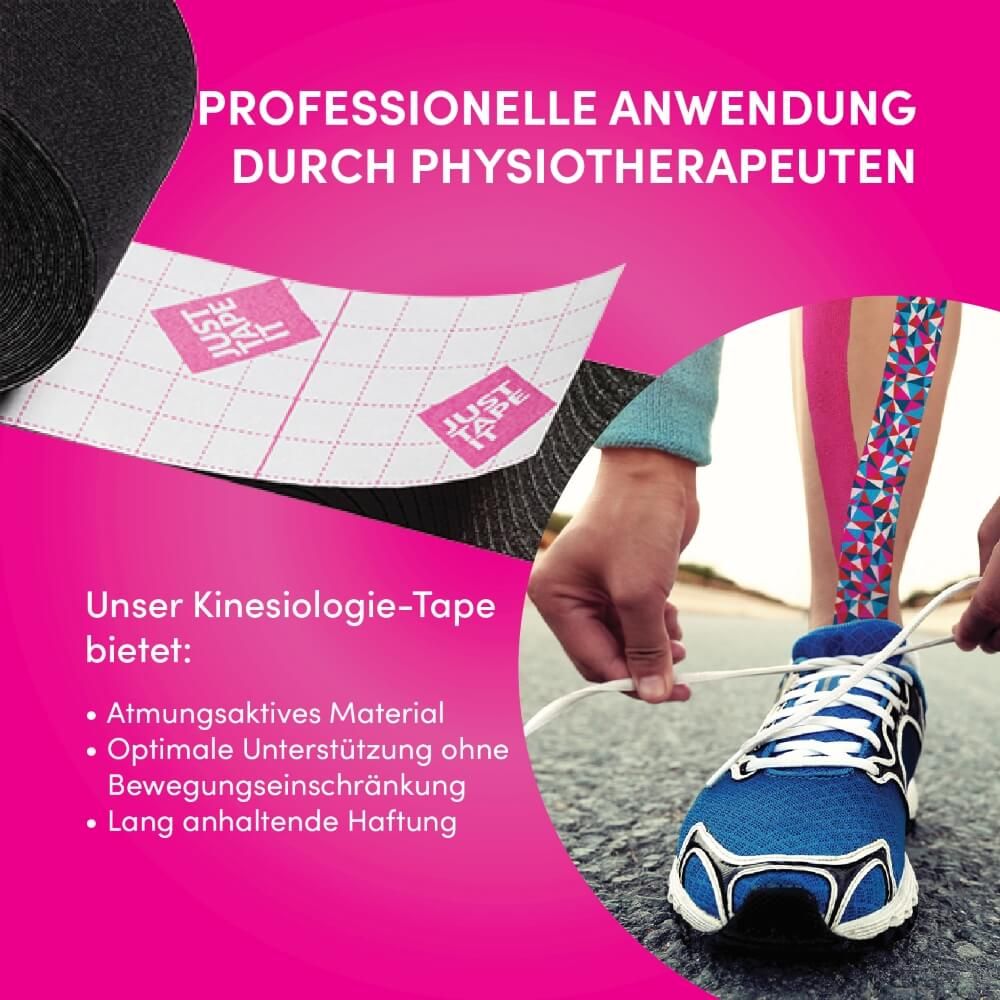 Person wendet Kinesiotape auf dem Unterschenkel an. Das Tape hat ein geometrisches Muster.