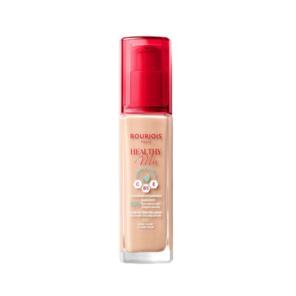 Glasflakon mit rotem Deckel. Produktetikett mit Text: Bourjois Healthy Mix. Auf weißem Hintergrund.