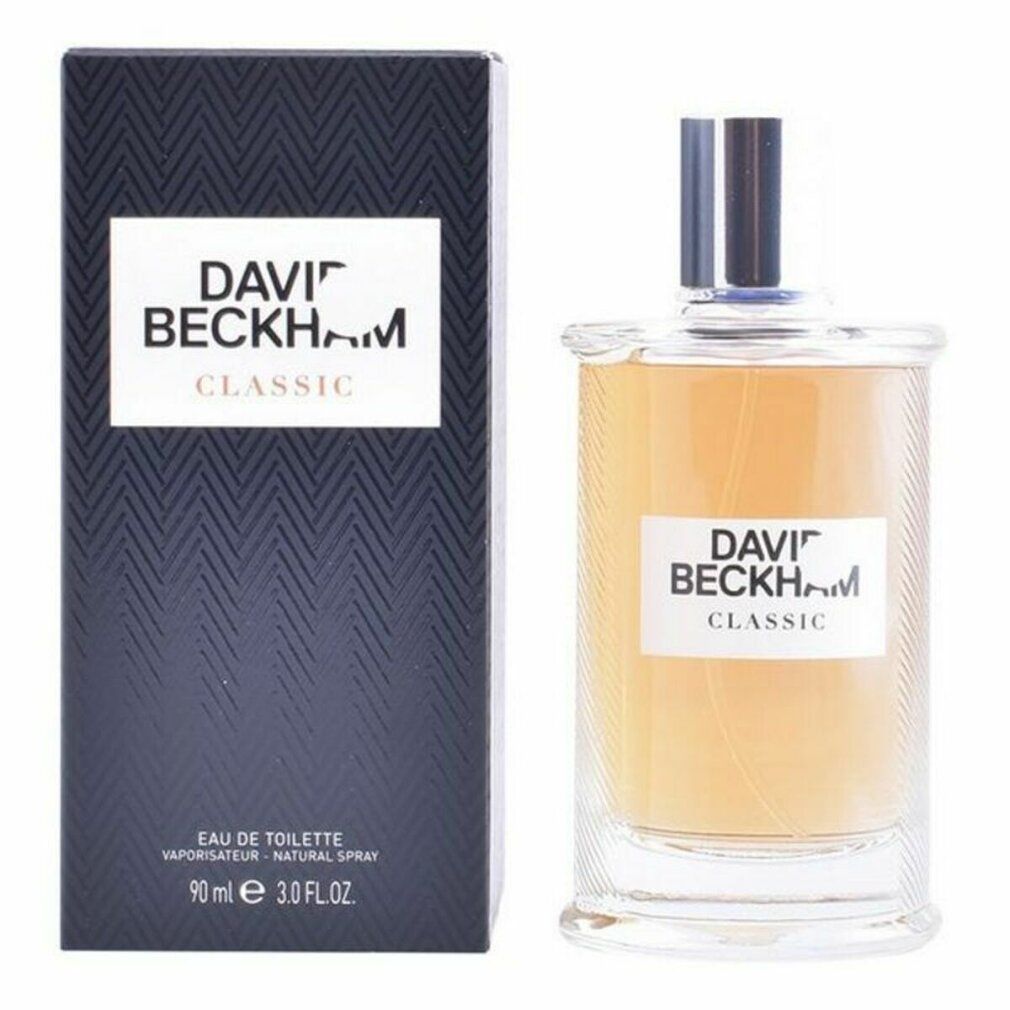 David Beckham Classic Eau de Toilette Spray. Flakon und Verpackung. Schwarze Schachtel mit weißem Logo. Glasflakon mit silbernem Deckel.