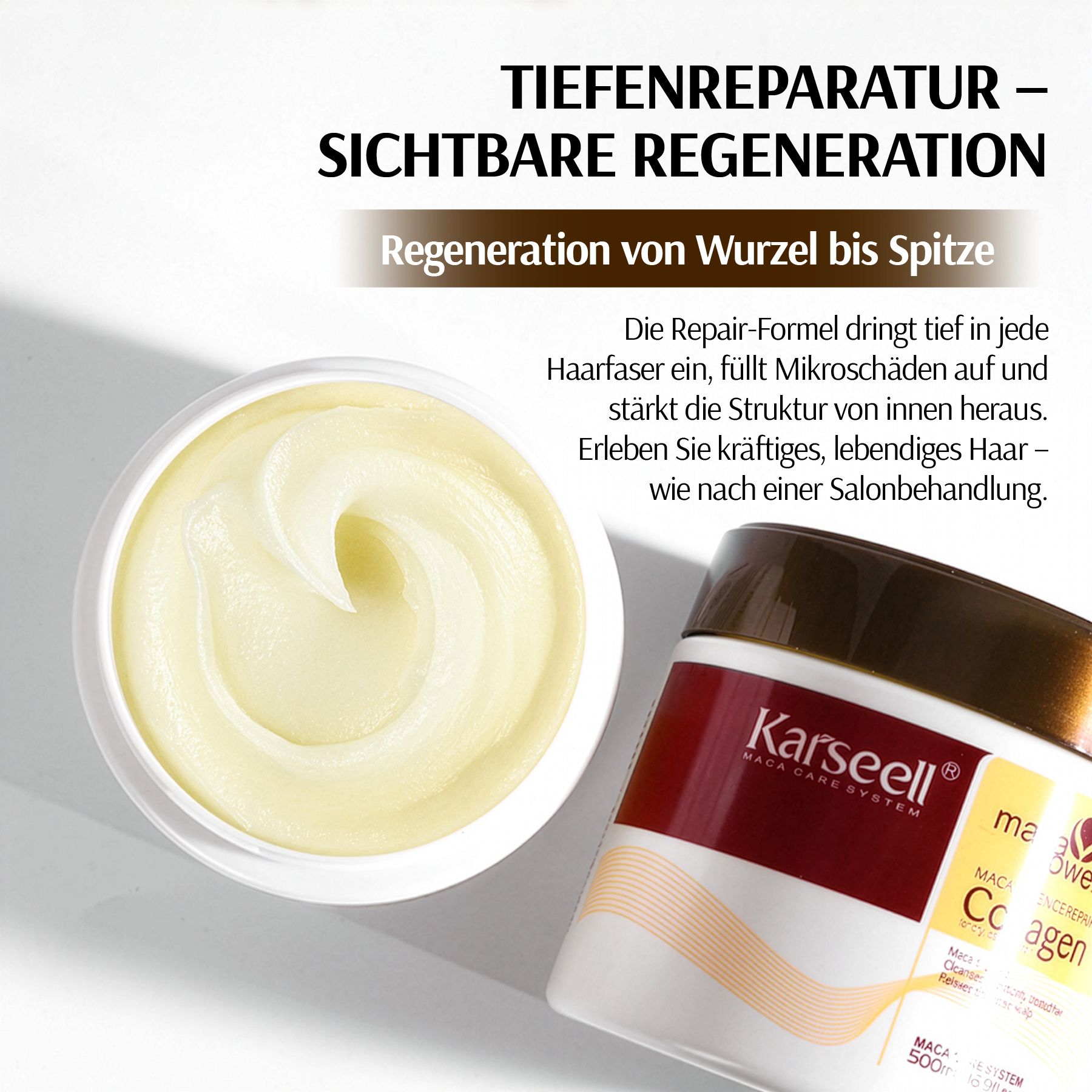 Weißes Tiegel mit gelbem Inhalt. Aufschrift: Karseell, Maca Power Collagen. Text: Tiefenreparatur, sichtbare Regeneration.