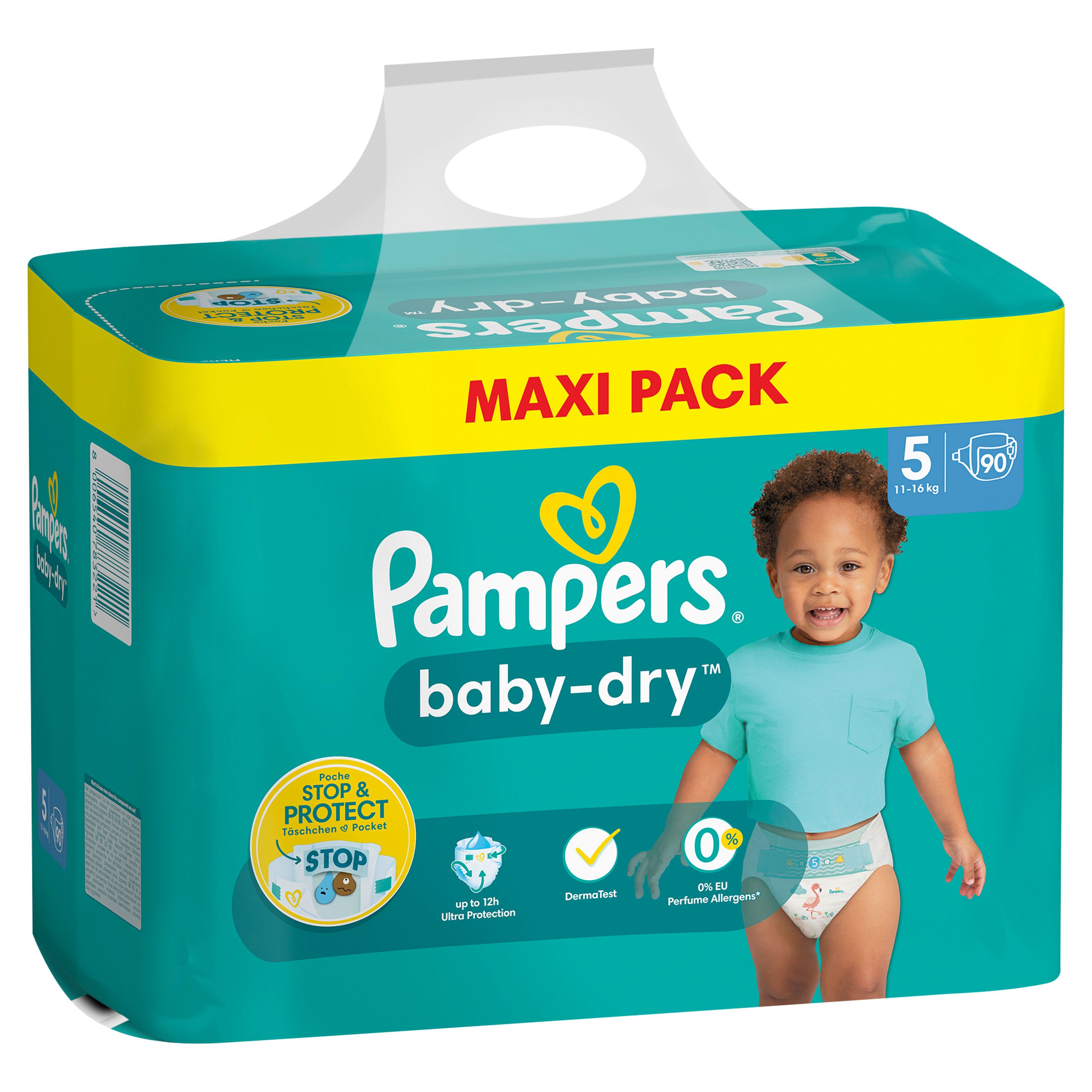 Pampers Baby-Dry Windeln Gr. 5 Maxi Pack. Packung mit 90 Windeln, 11-16 kg. Kind auf der Verpackung.