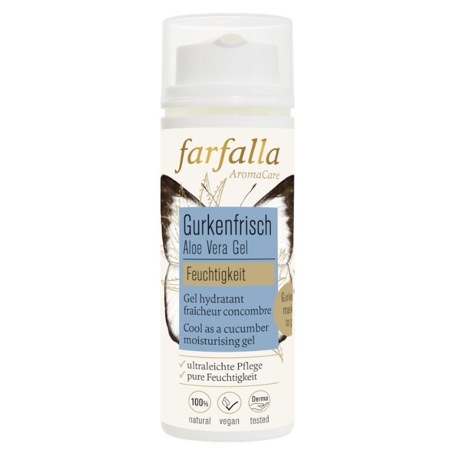 Weißer Spender mit Produktetikett. Aufschrift: Farfalla, Gurkenfrisch, Aloe Vera Gel, Feuchtigkeit. Mit Schmetterlings-Design.