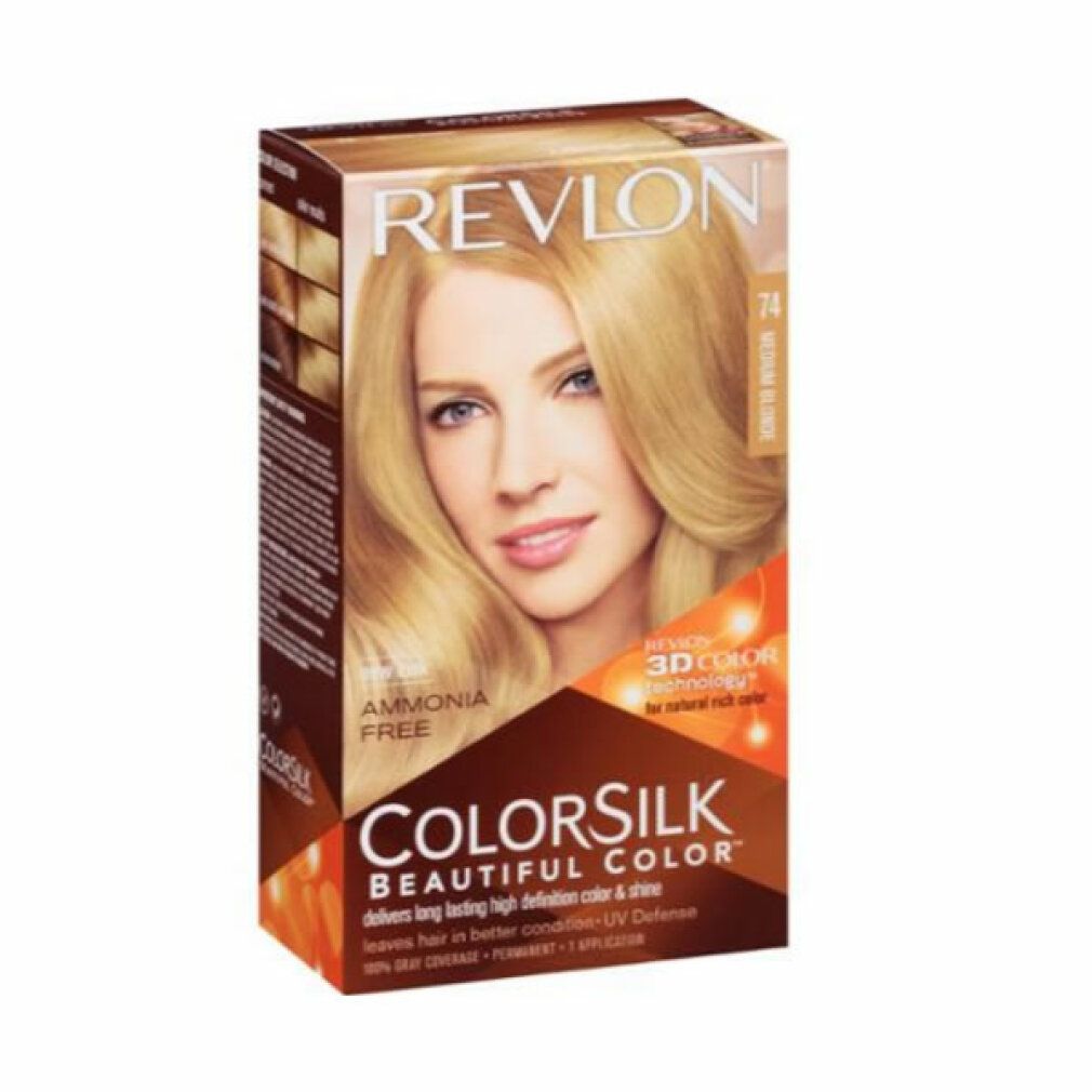 Revlon Colorsilk Haarfarbe. Blond Moyen 74. Verpackung mit Frau mit blonden Haaren. Ohne Ammoniak, 3D Color Gel Technologie.