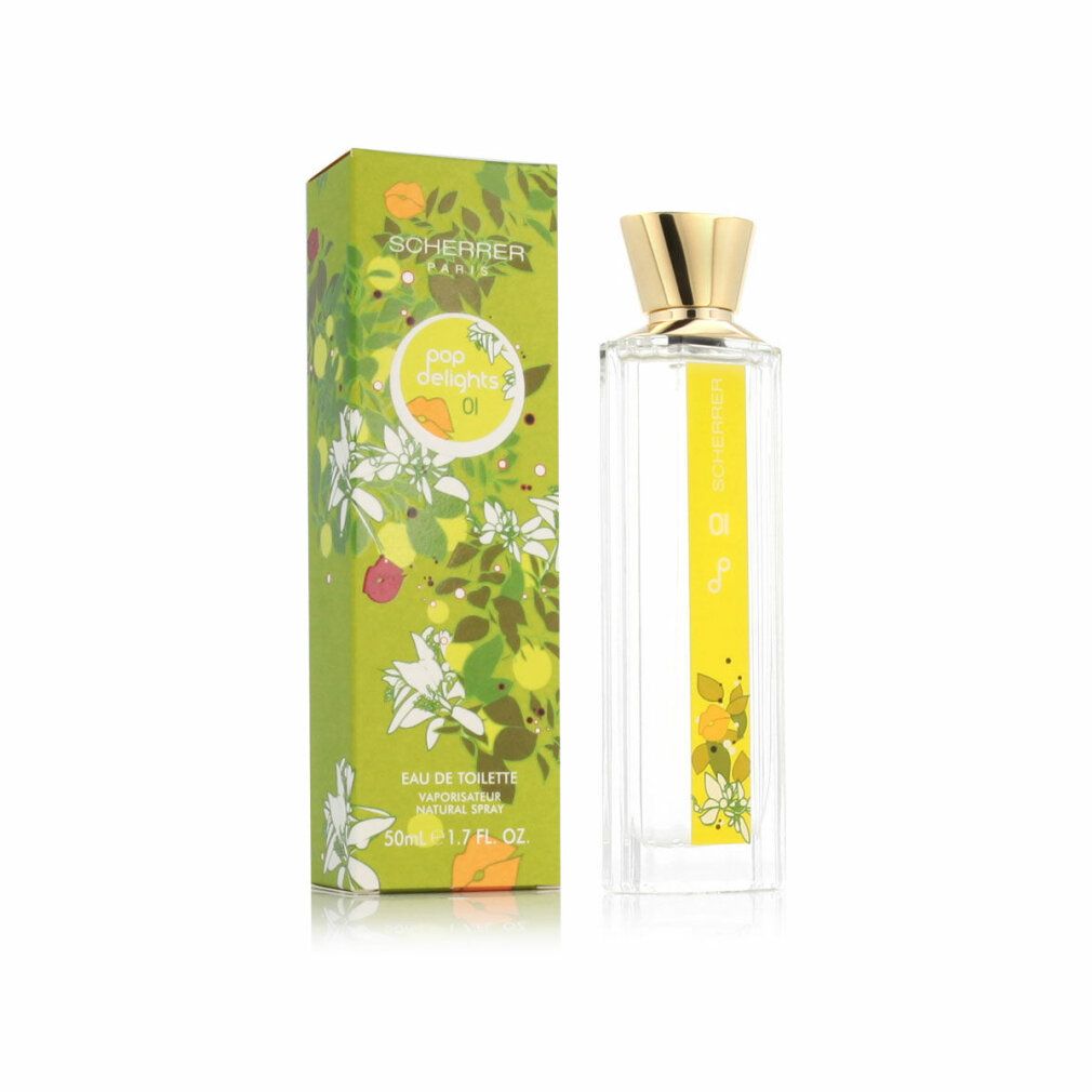 Scherrer Pop Delights 01 Flakon und Verpackung. Grüne Verpackung mit floralen Motiven. Flakon mit gelbem Etikett.