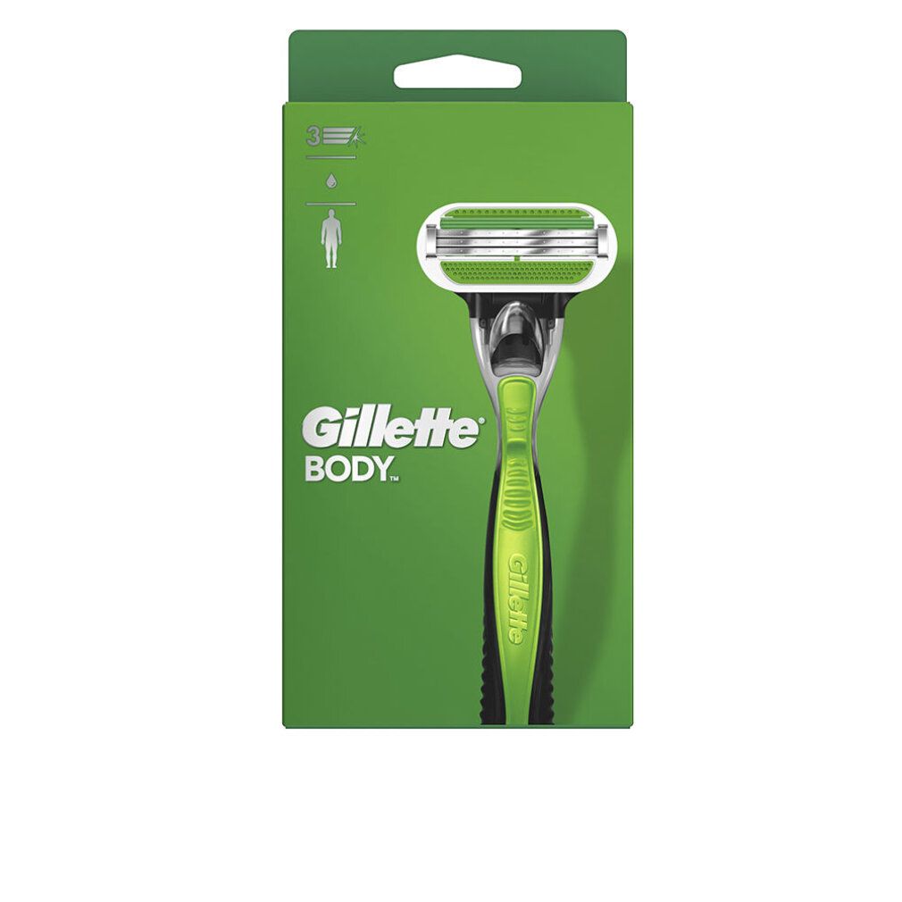 Gillette Body Rasierer in grüner Verpackung. Rasierer mit grünem Griff. Logo und Produktname.